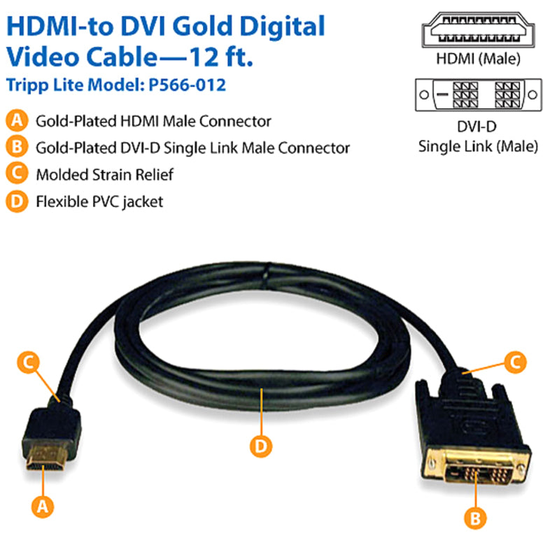 Tripp Lite P566-012 12-ft. HDMI to DVI Gold Digital Video Cable, EMI/RF Protection, 5 Gbit/s Data Transfer Rate, 1920 x 1080 Supported Resolution, Black