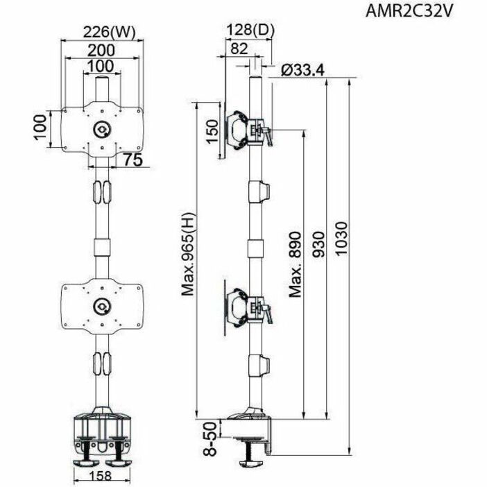 Amer Mounts AMR2C32V Clamp Based Vertical Dual Monitor Mount. Up to 32", 26.5lb Monitors, Swivel, Rotate, Pivot, Smart Torque Adjustment, Cable Management, Tilt