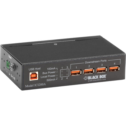 Front view of Black Box ICI200A Industrial USB Hub showing four high-retention USB ports and status indicators-alternate-image1