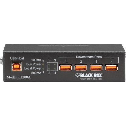 Angled view of Black Box ICI200A Industrial USB Hub emphasizing power management features and port layout-alternate-image2