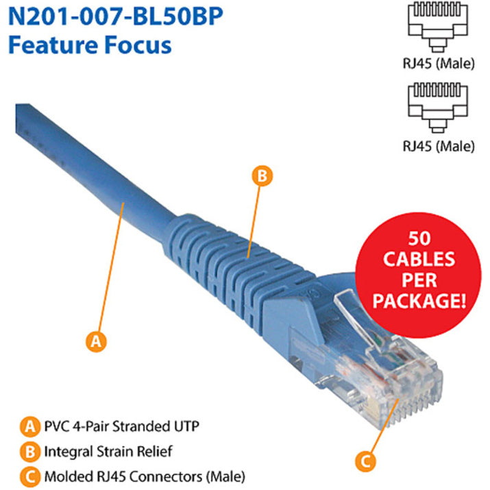 Tripp Lite N201-007-BL50BP Cat.6 UTP Patch Network Cable, 7 ft, Molded, Booted, Stranded, Snagless, 1 Gbit/s