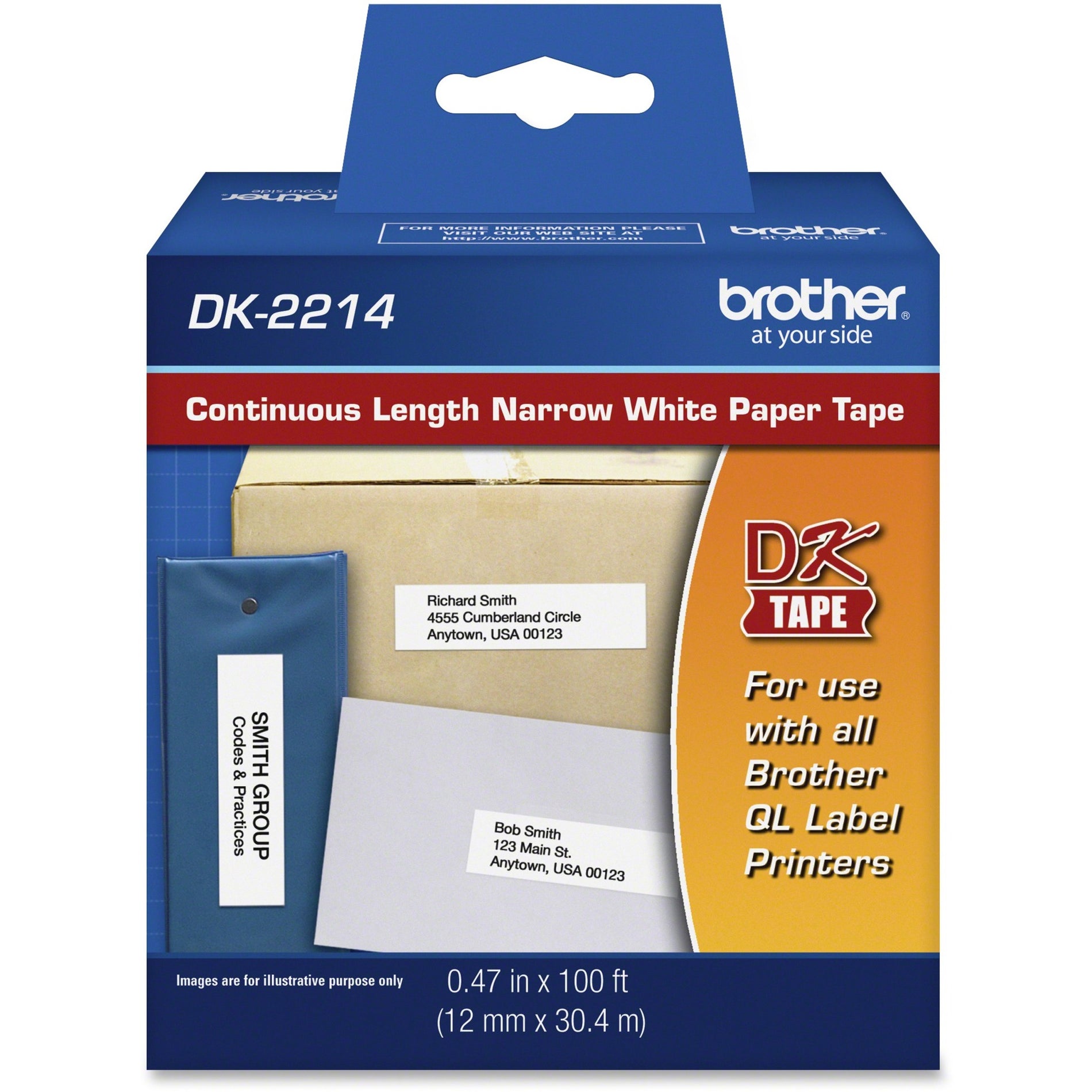 Brother DK2214 Continuous Length White Label Tape, 1/2"x100', for Brother QL Label Printers