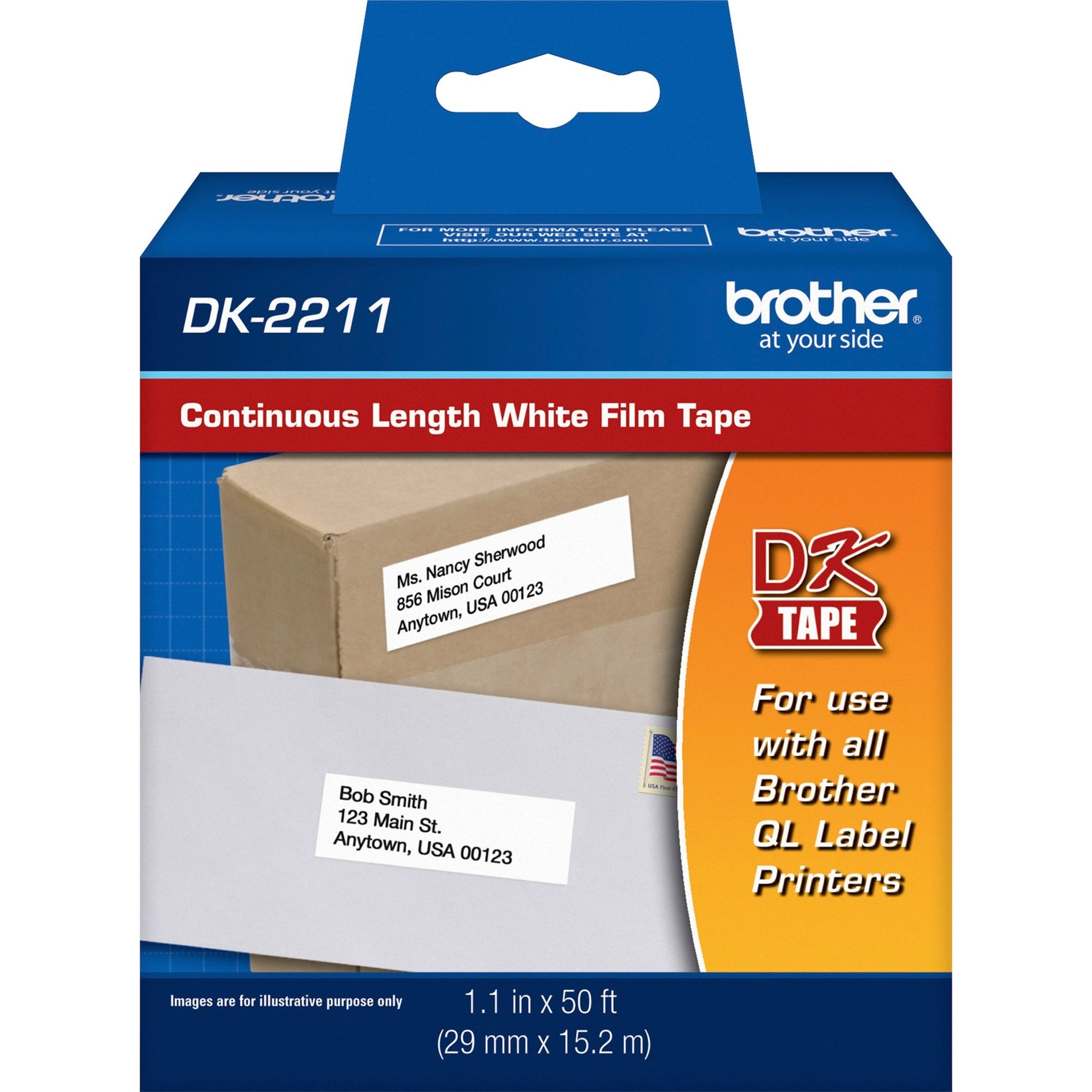 Brother DK2211 Continuous Length White Film DK Tape, Jam-free, 1 9/64" x 50 ft, Removable Adhesive