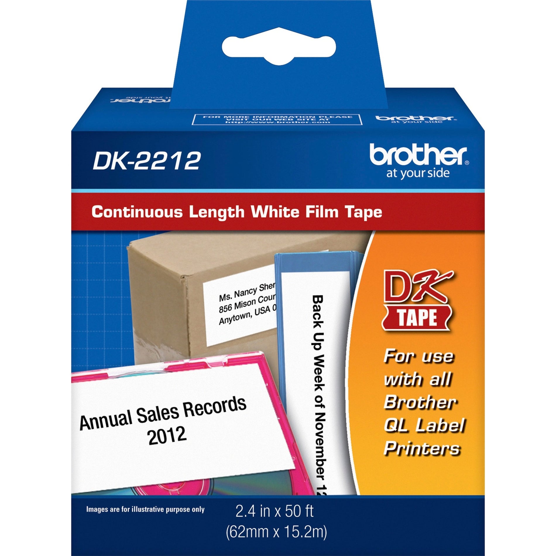 Brother DK2212 Continuous Length Film Tape, Wide, 2-1/2"x50', White