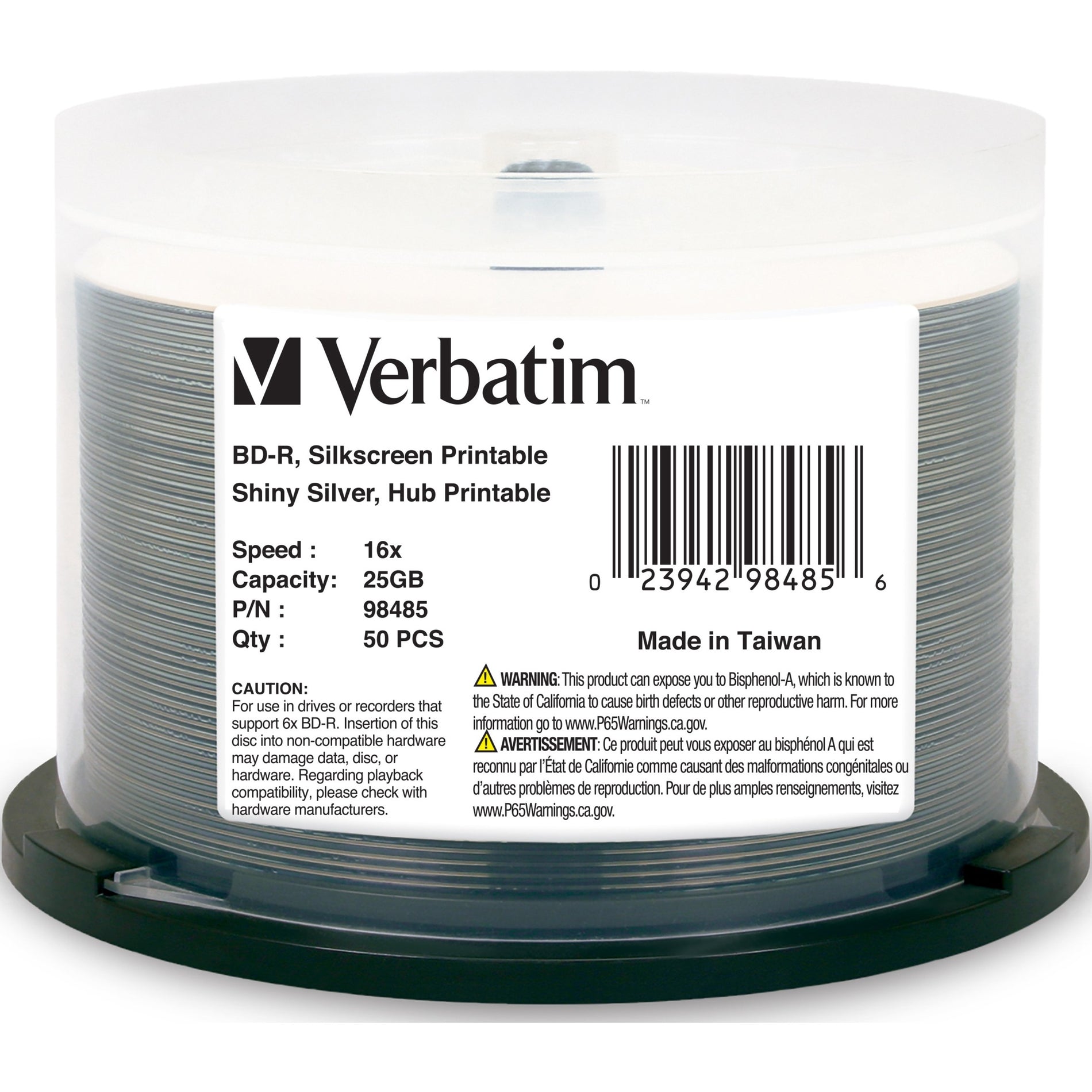 Verbatim 98485 16x 25GB Blu-ray Recordable Media, Shiny Silver Silk Screen Printable, Hub Printable - 50pk Spindle