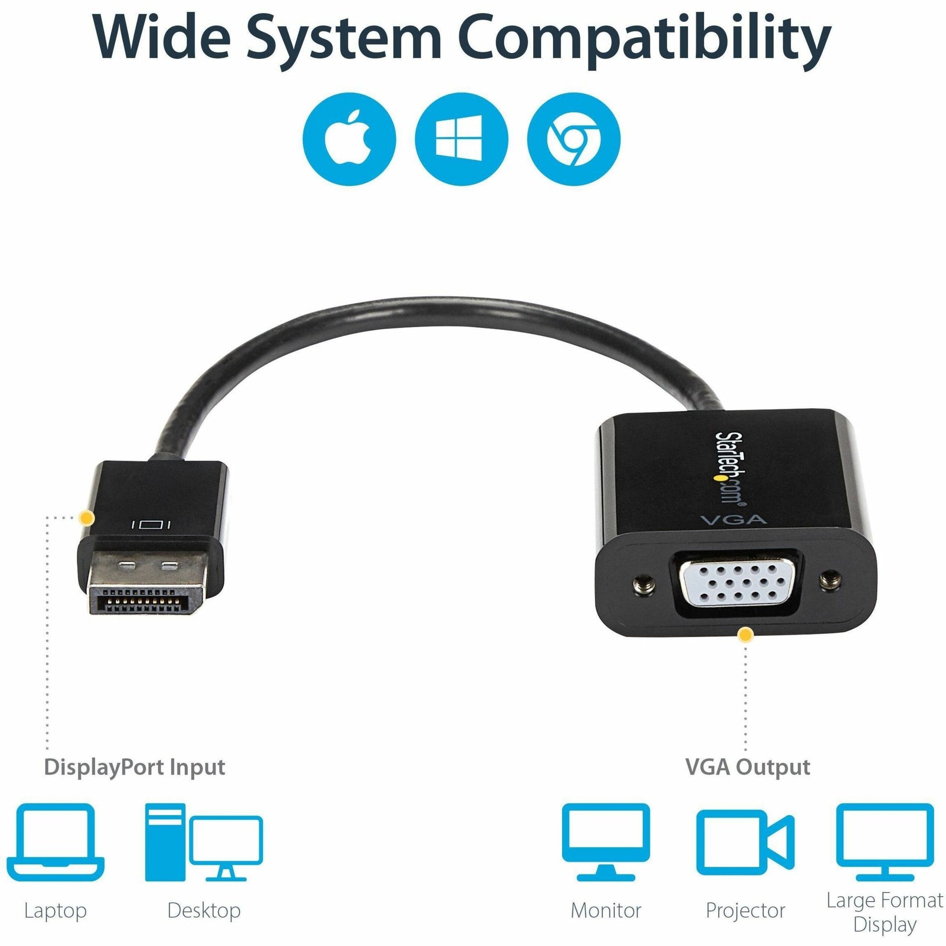 StarTech.com DP2VGA3 DisplayPort 1.2 to VGA Adapter Converter - Active, Plug and Play, 2048 x 1152 Resolution Supported