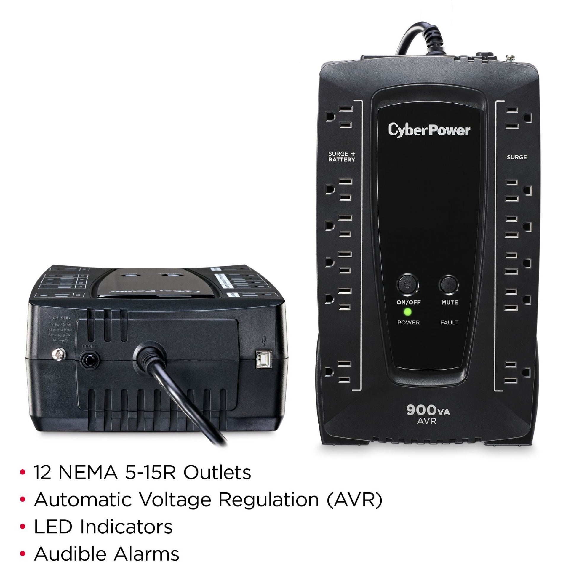 CyberPower AVRG900U AVR Series 900VA 480W Desktop UPS with AVR and USB, 3 Year Warranty, Low Battery Alarm