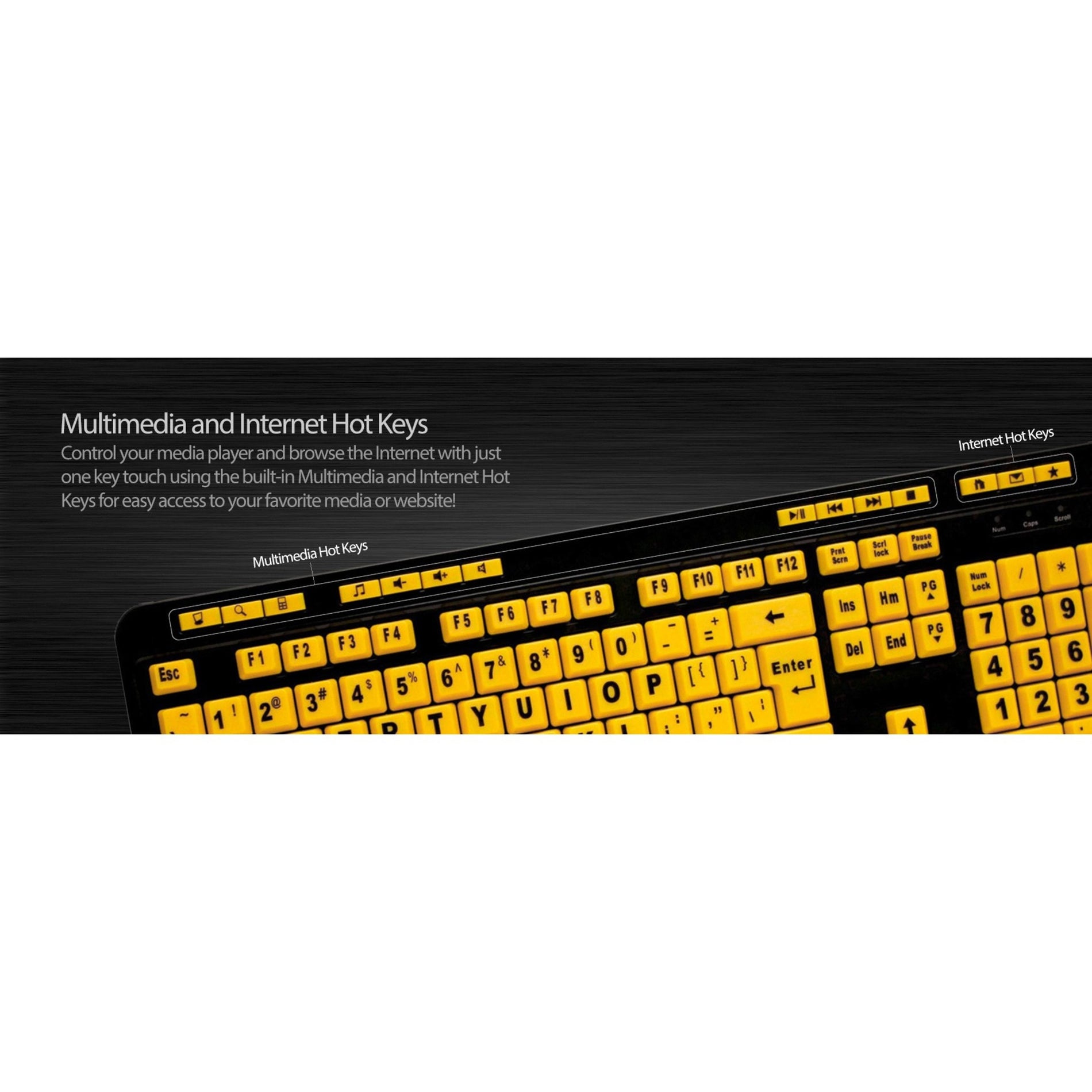 Adesso AKB-132UY Luminous 4X Large Print Multimedia Desktop Keyboard, Ergonomic, Fluorescent Yellow