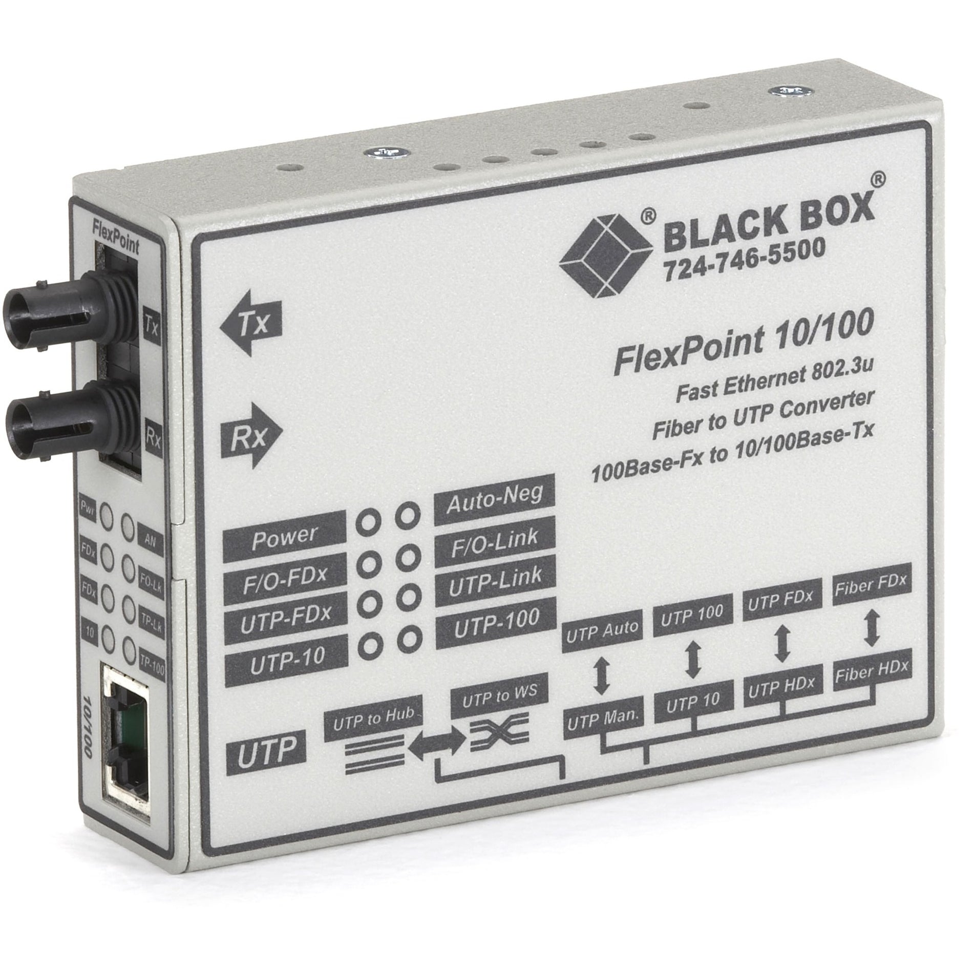 Black Box LMC100A-SM-R3 FlexPoint Transceiver Media Converter, Single-mode, 10/100Base-TX, 1000Base-FX, 17.40 Mile