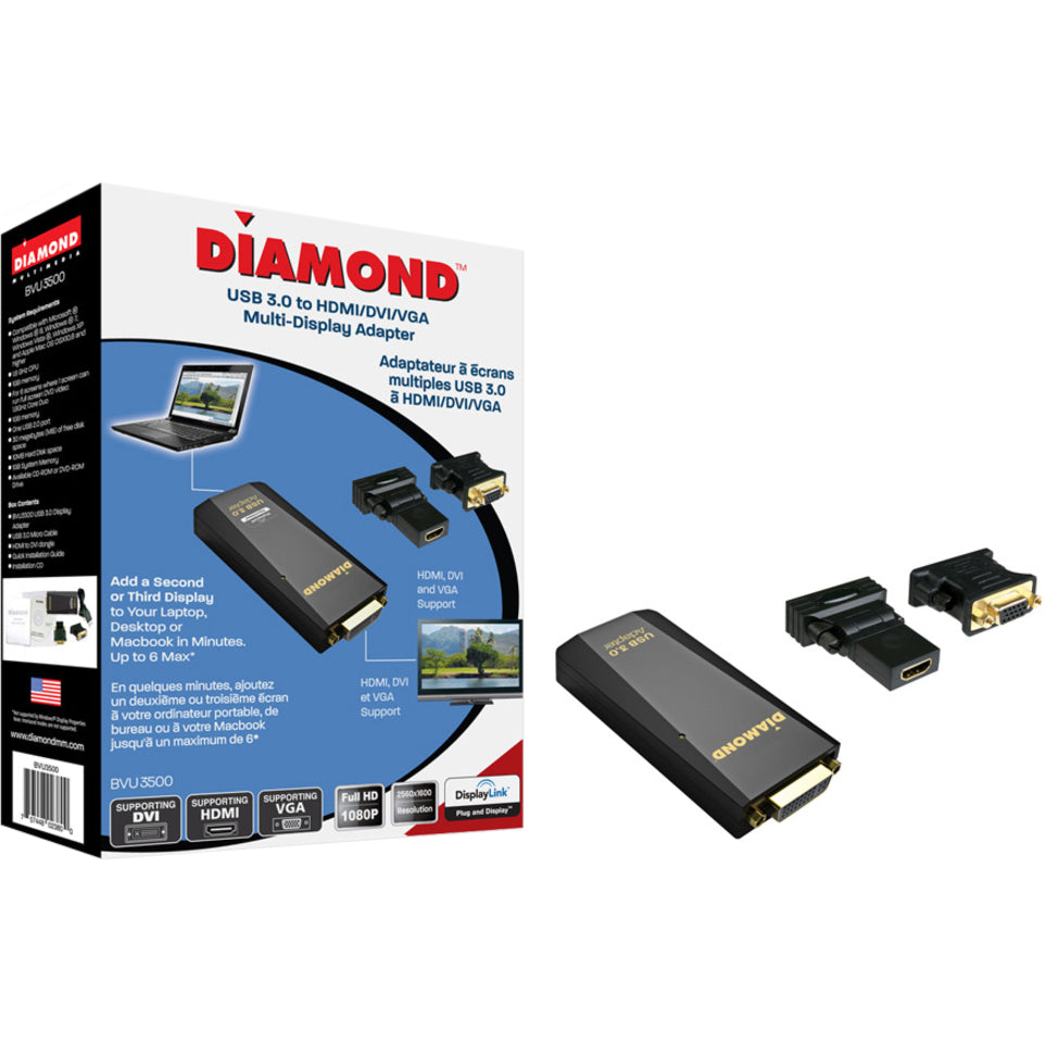 DIAMOND BVU3500 USB 3.0 Display Adapter, Multiple Display Monitor up to 2560 x 1600, Plug and Play Installation