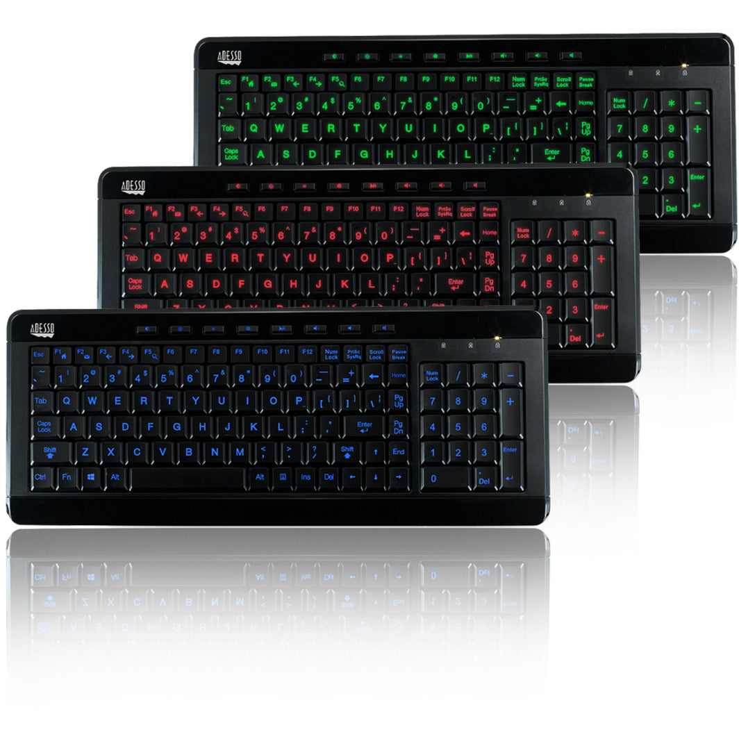 Adesso AKB-120EB 3-Color Illuminated Compact Multimedia Keyboard, Quiet Keys, Adjustable Backlighting, USB Interface