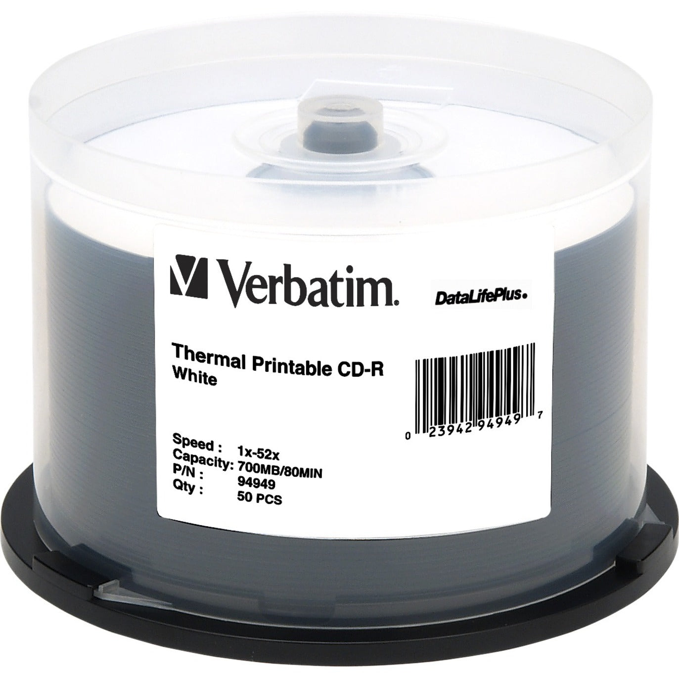 Verbatim 94949 CD-R 80MIN 700MB 52x DataLifePlus White Thermal Printable 50pk Spindle, Full-color, high resolution printing