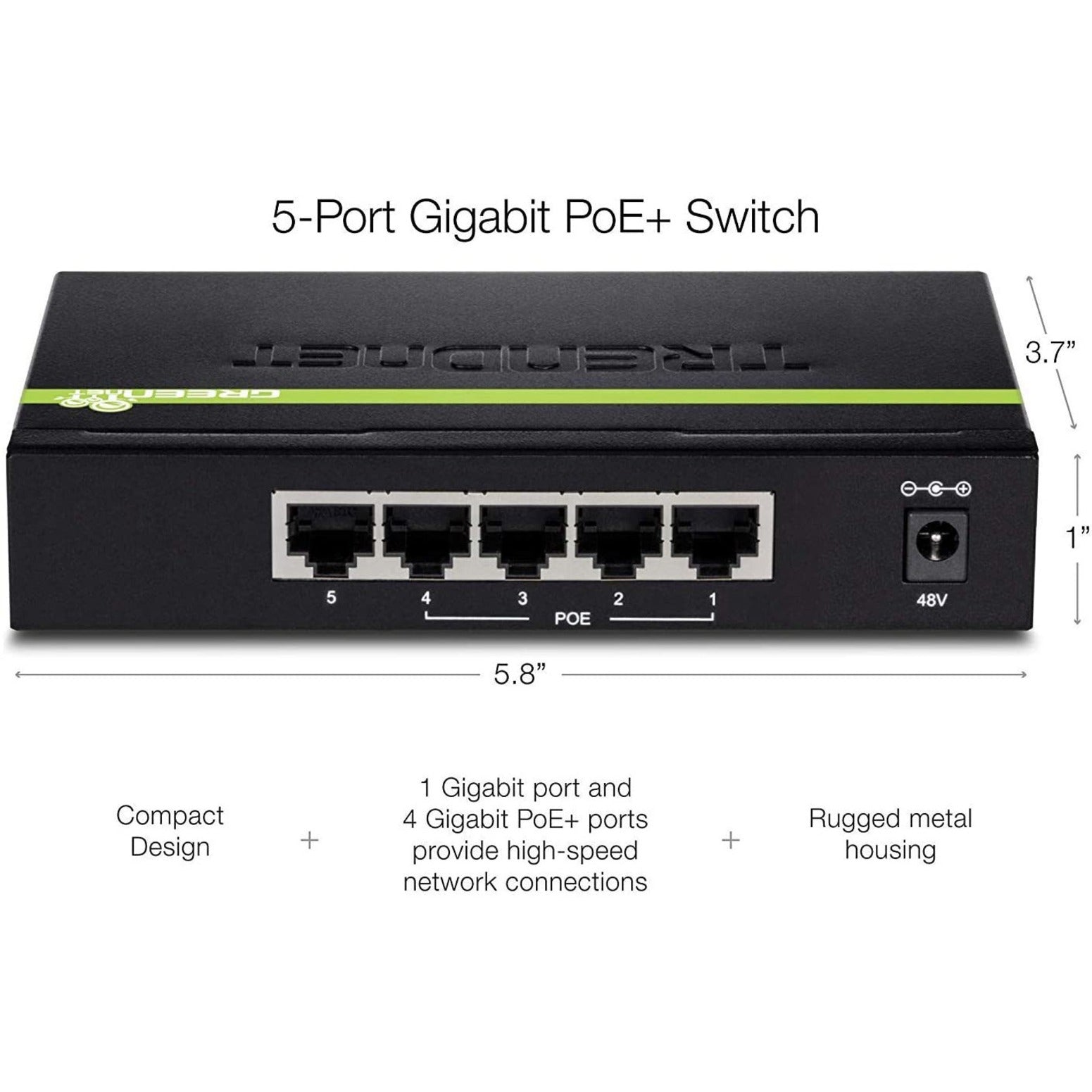 TRENDnet TPE-TG50g 5-port Gigabit PoE+ Switch, Lifetime Warranty, TAA and NDAA Compliant, CE and FCC Certified, Gigabit Ethernet, 4 PoE+ Ports, Taiwan Origin
