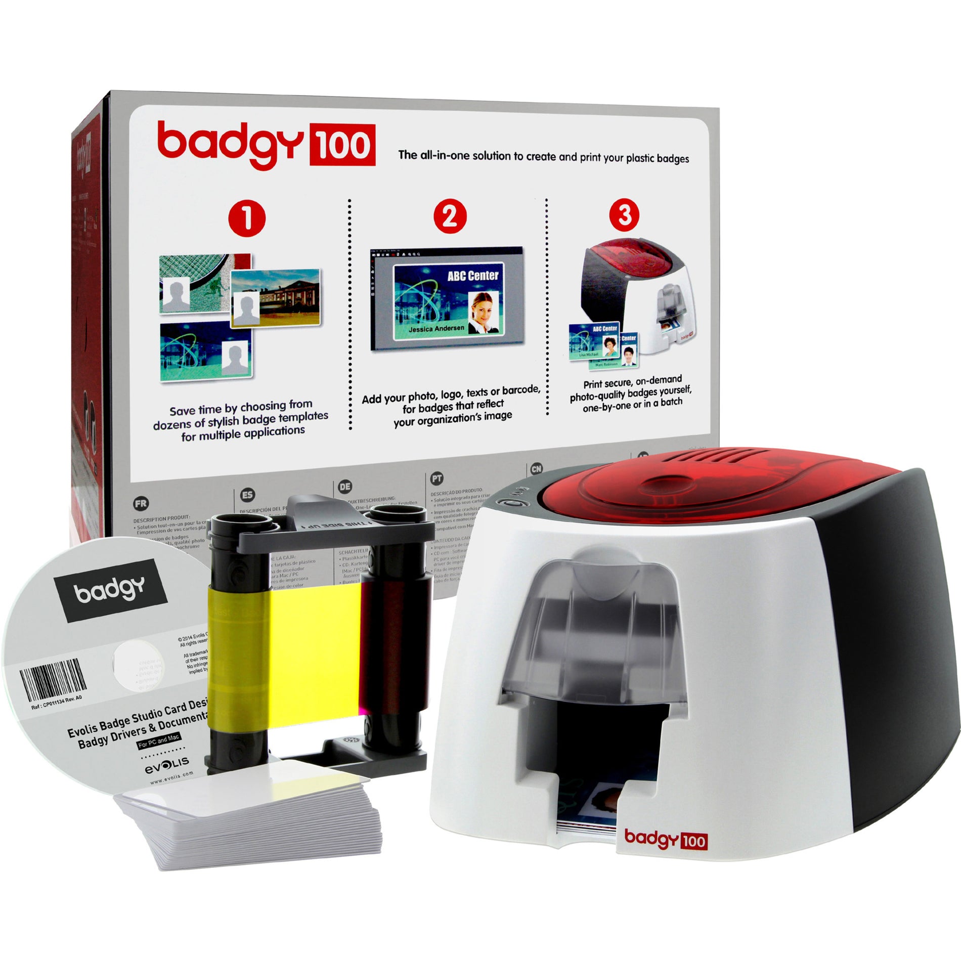 Badgy B12U0000RS 100 Badge Printer Set, Color Card Printer with Ribbon, Cards, and Software