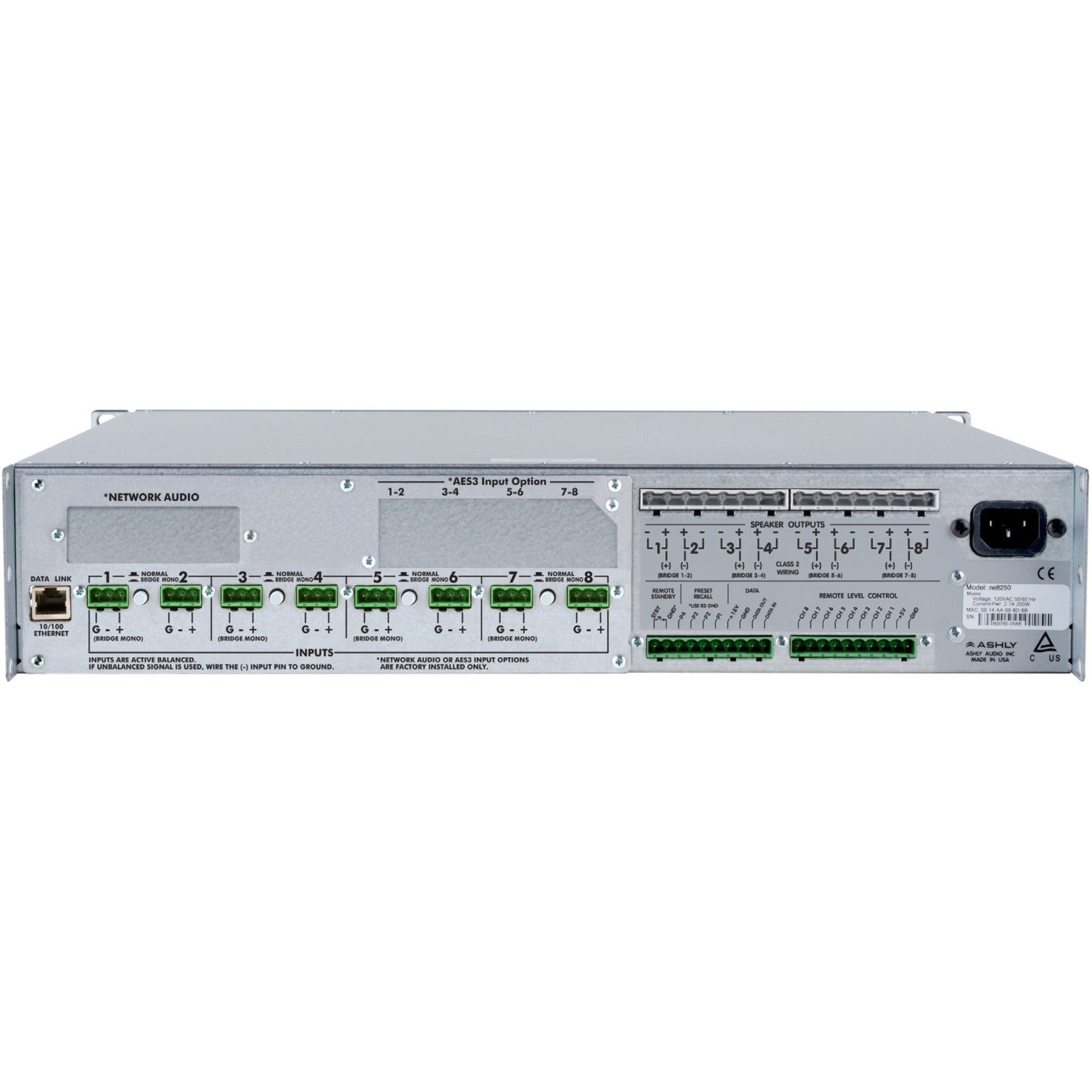 Ashly NE8250.70 Network Enabled Eight-Channel Amplifier 250W @ 70V, 8 Audio Channels, 2000W RMS Output Power