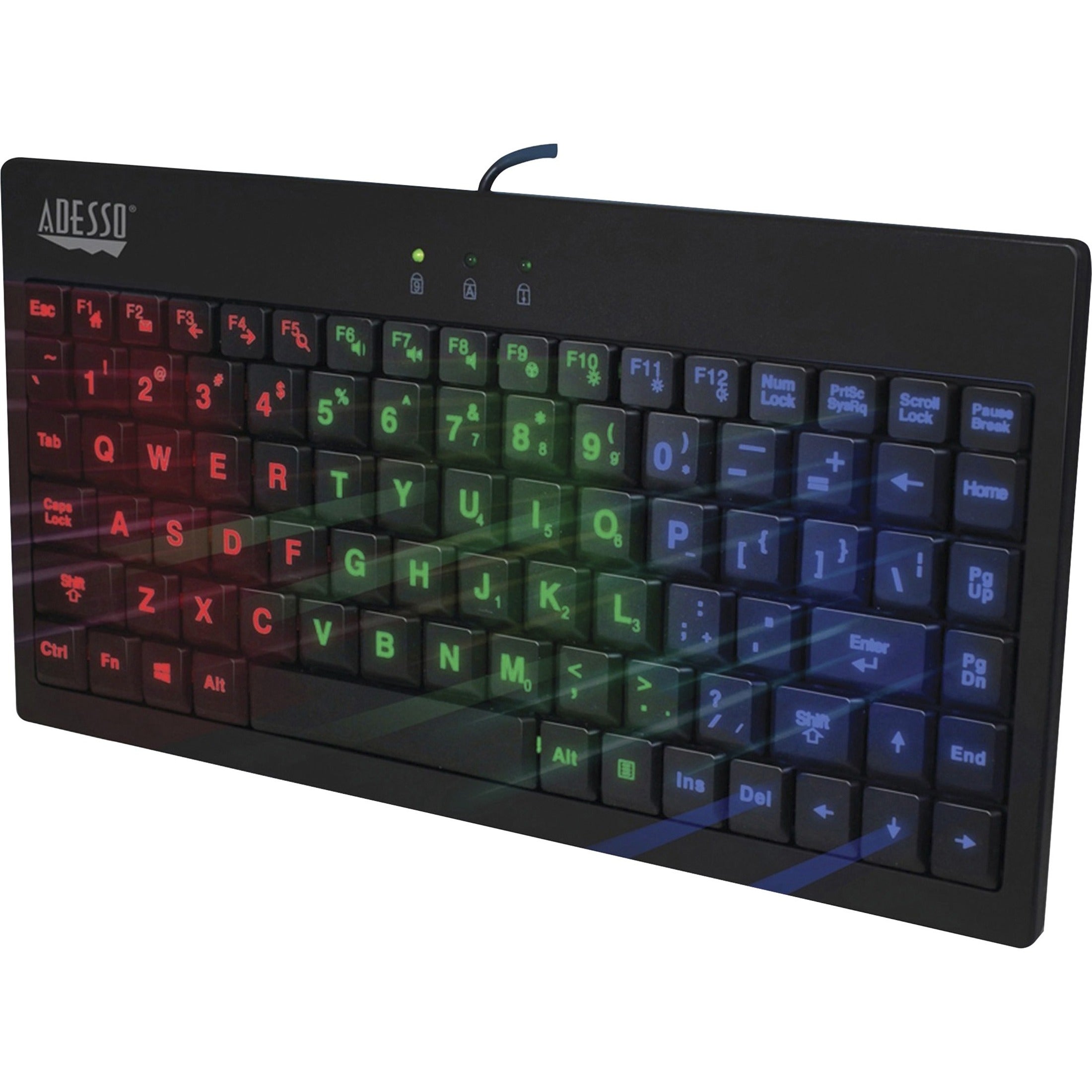 Adesso AKB-110EB 3-Color Illuminated Mini Keyboard, Backlit, Quiet Keys, USB Wired