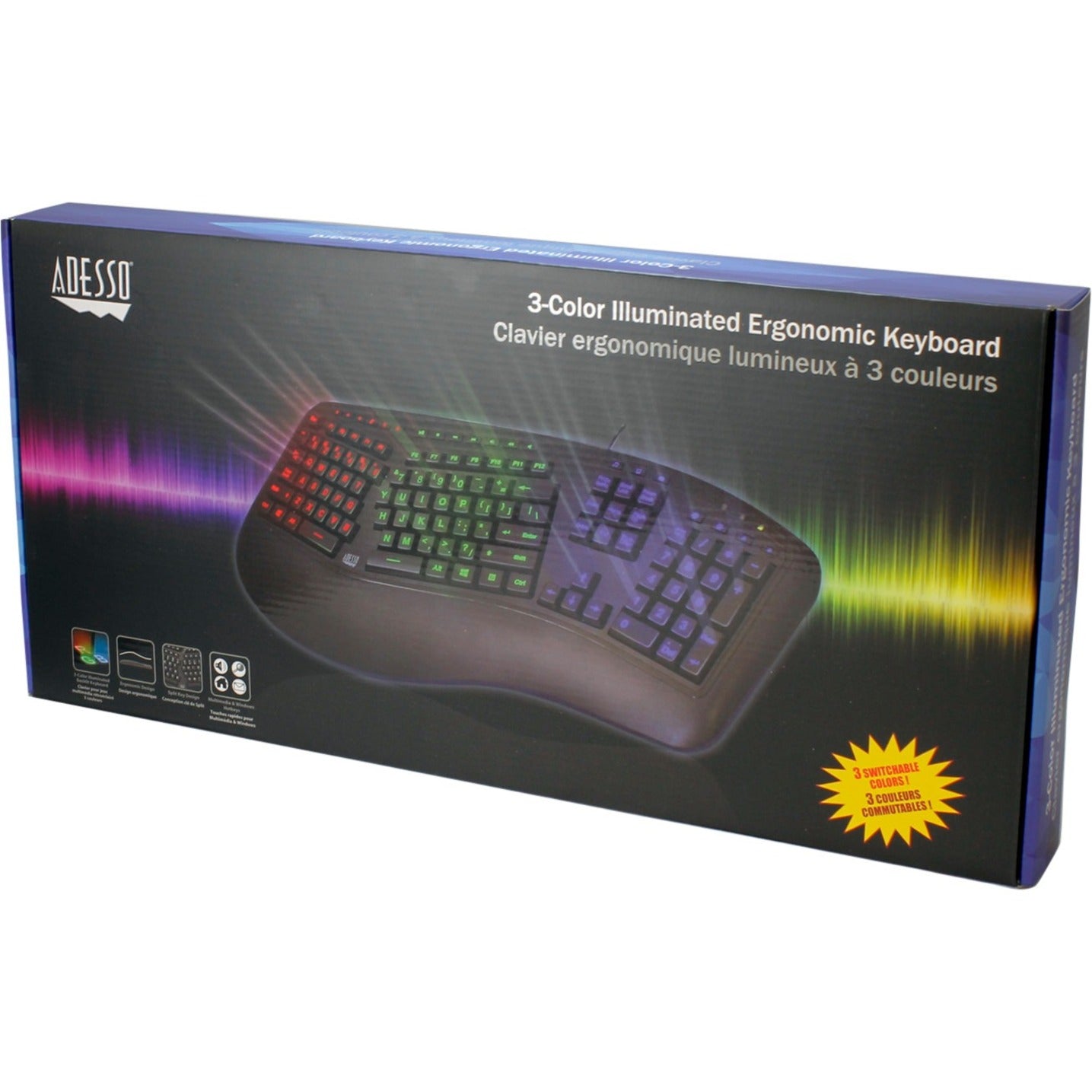 Adesso AKB-150EB EasyTouch 150 3-Color Illuminated Keyboard, Ergonomic Split Layout, Quiet Keys