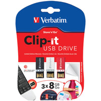 Verbatim 8GB Clip-It USB Flash Drive - 3pk - Black, White, Red (98674) Alternate-Image1 image