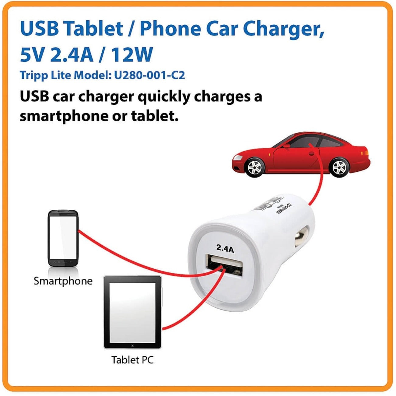 Tripp Lite U280-001-C2 USB Tablet / Phone Car Charger, 5V / 2.4A