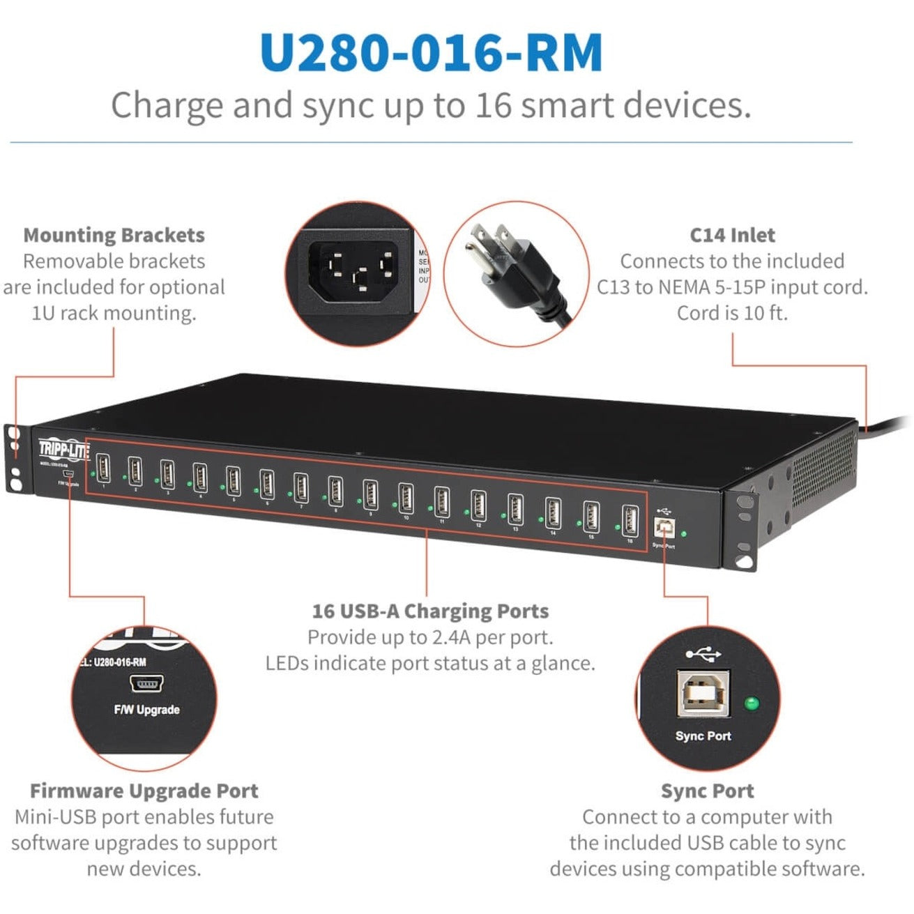Tripp Lite U280-016-RM 16-Port USB Sync / Charging Hub, TAA Compliant, 2 Year Warranty