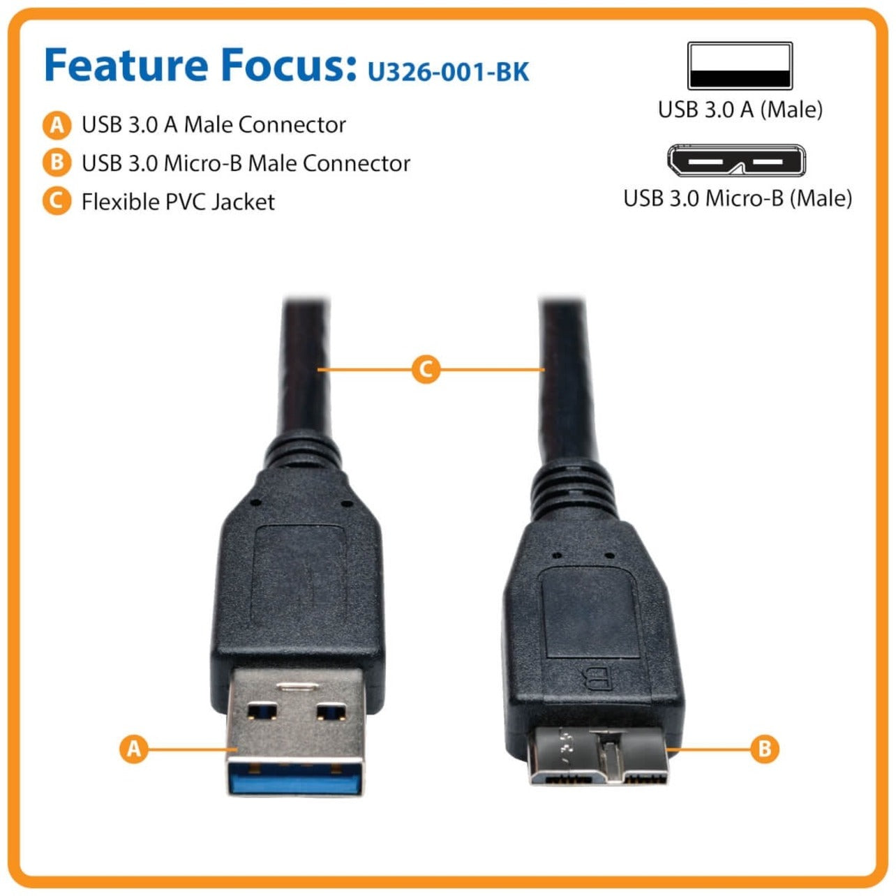 Tripp Lite U326-001-BK USB 3.0 SuperSpeed Device Cable (A to Micro-B M/M), Black, 1-ft.