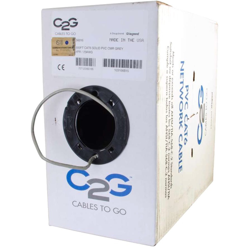 C2G 56016 500ft Cat6 Bulk Ethernet Cable with Solid Conductors, CMR, UTP, Gray