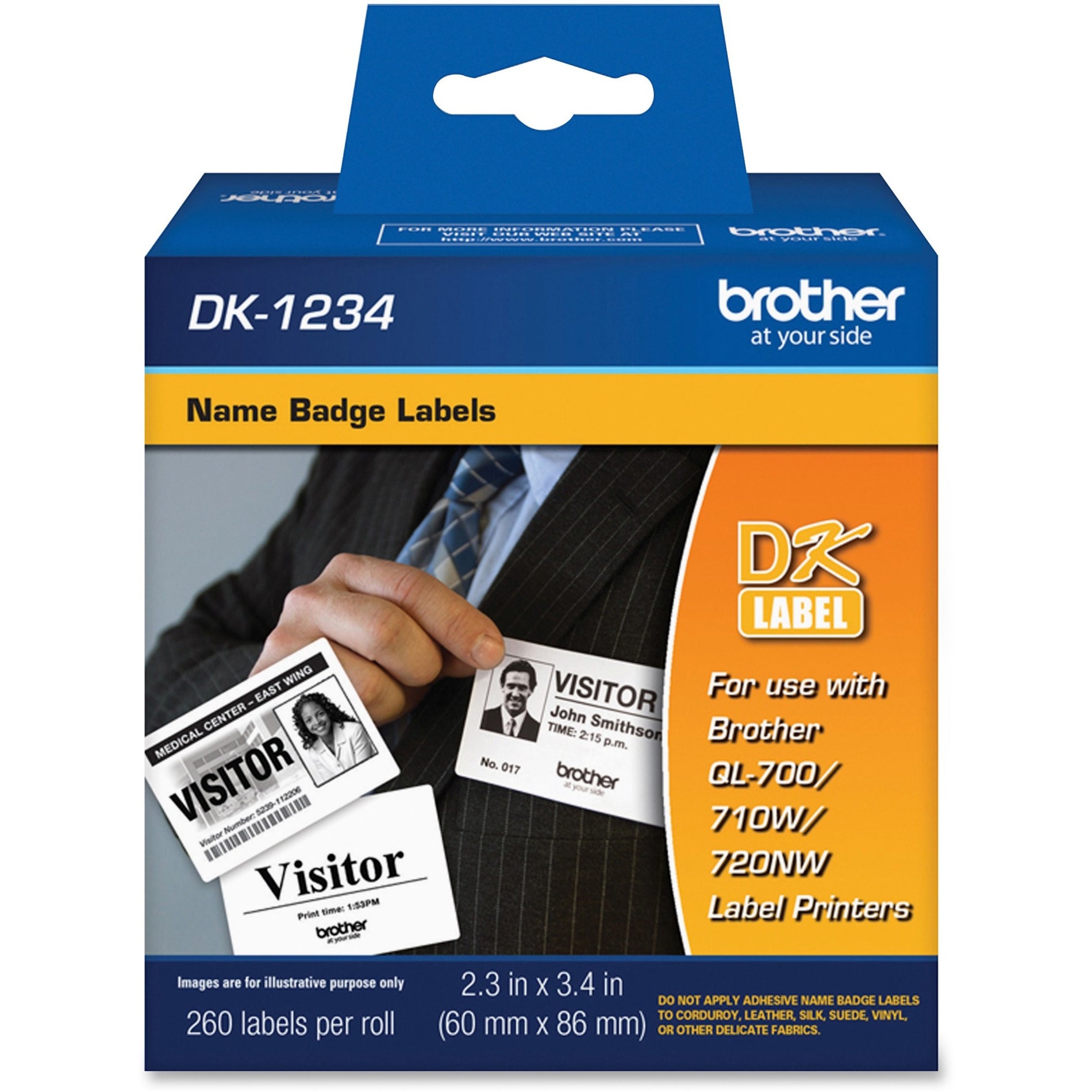 Brother DK1234 Adhesive Name Badge Labels, 2.3"x3.4", 260/RL, White