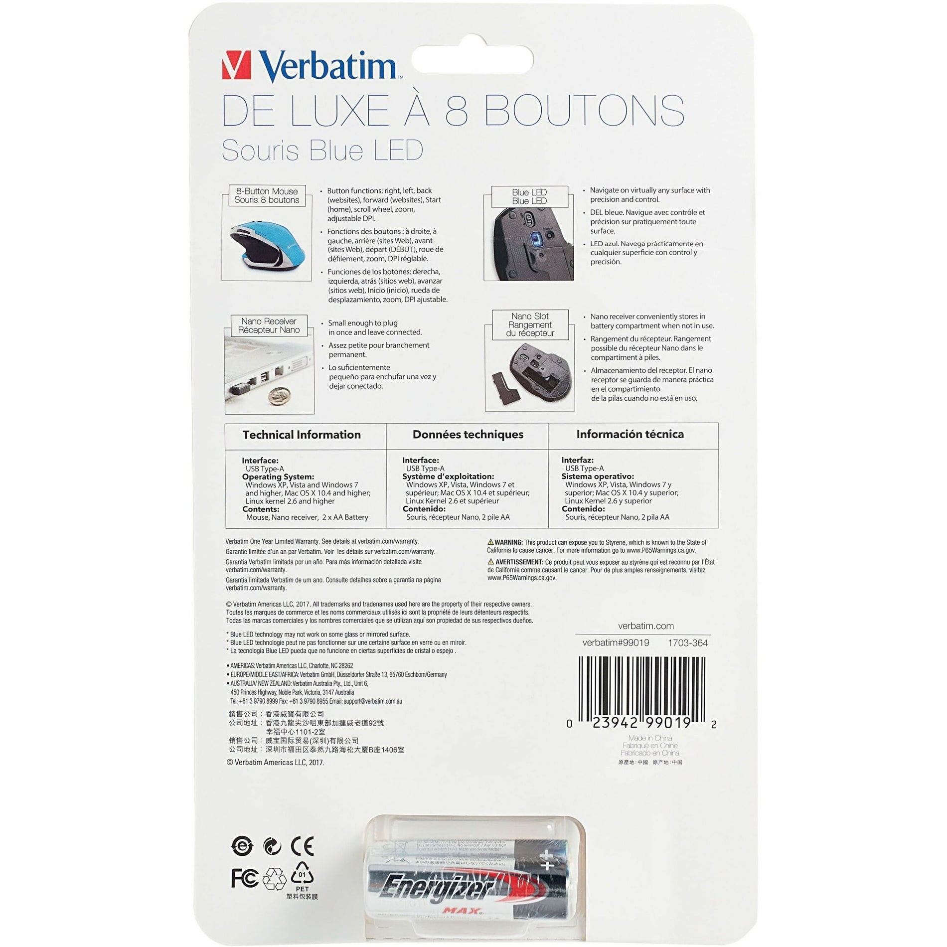 Verbatim 99019 Wireless Desktop 8-Button Deluxe Mouse, Blue LED, Radio Frequency