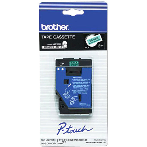 Brother TC8001 P-Touch Black on Green Label Tape, 1/2" - 25 ft