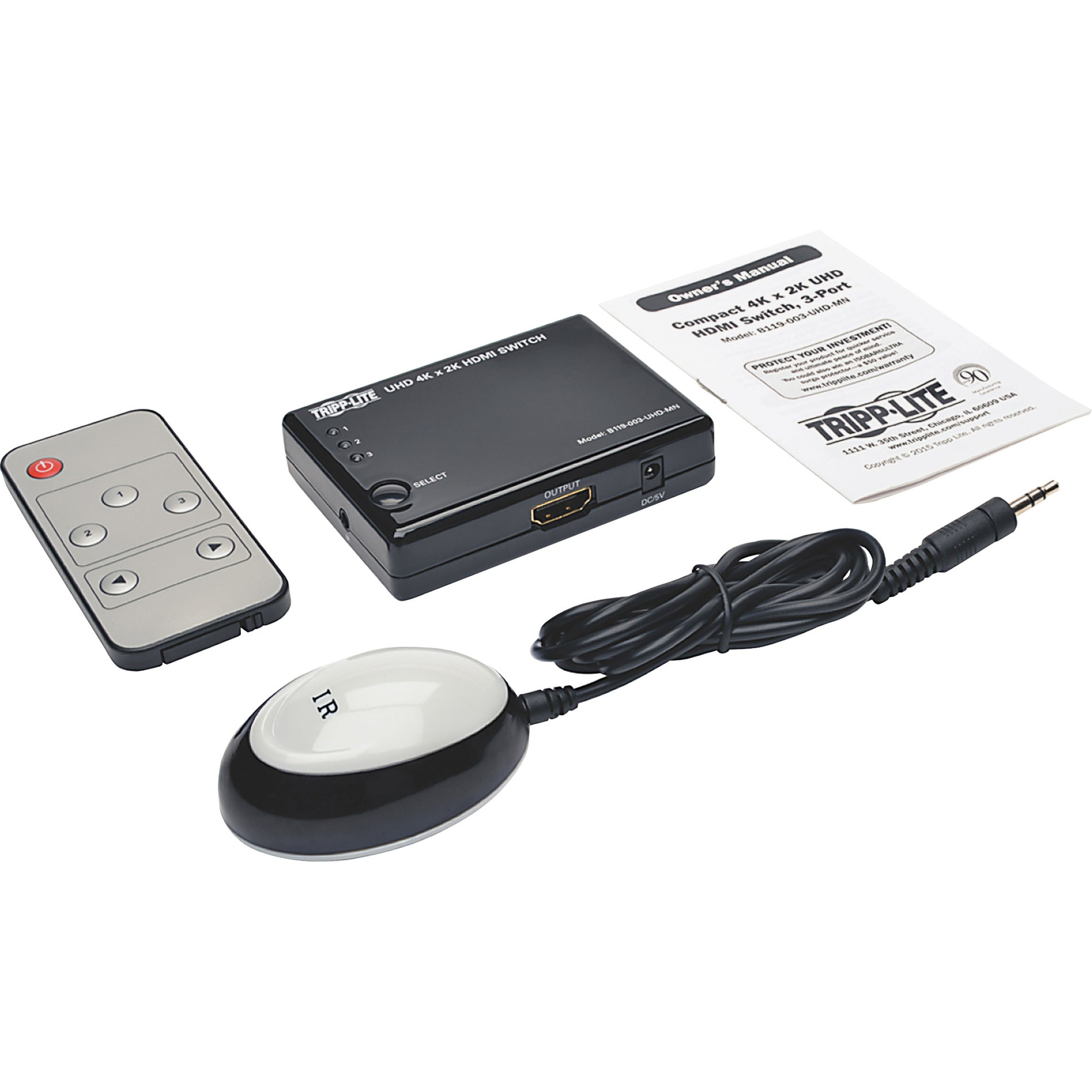 Tripp Lite B119-003-UHD-MN 3-Port HDMI Mini Switch, Black - 4K Video, Remote Control
