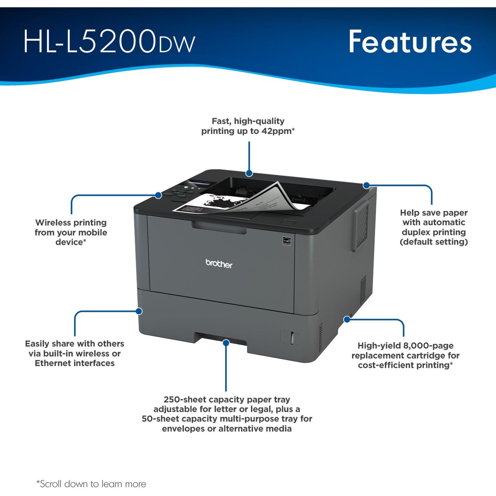 Brother HLL5200DW HL-L5200DW Monochrome Laser Printer, 42ppm, 250 Sheet Capacity, Black/Gray