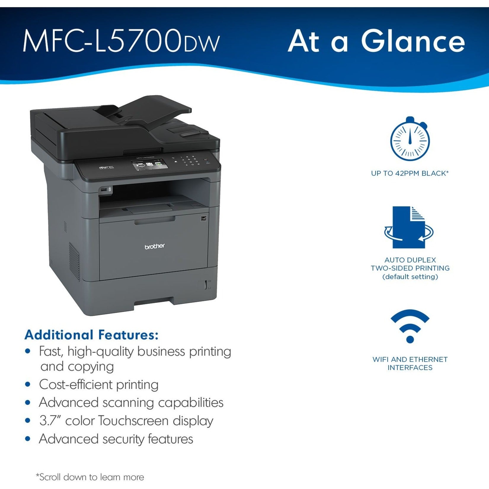 Brother MFCL5700DW Laser All-in-one Printer, 42ppm, 300Sht Cap, Black/Gray