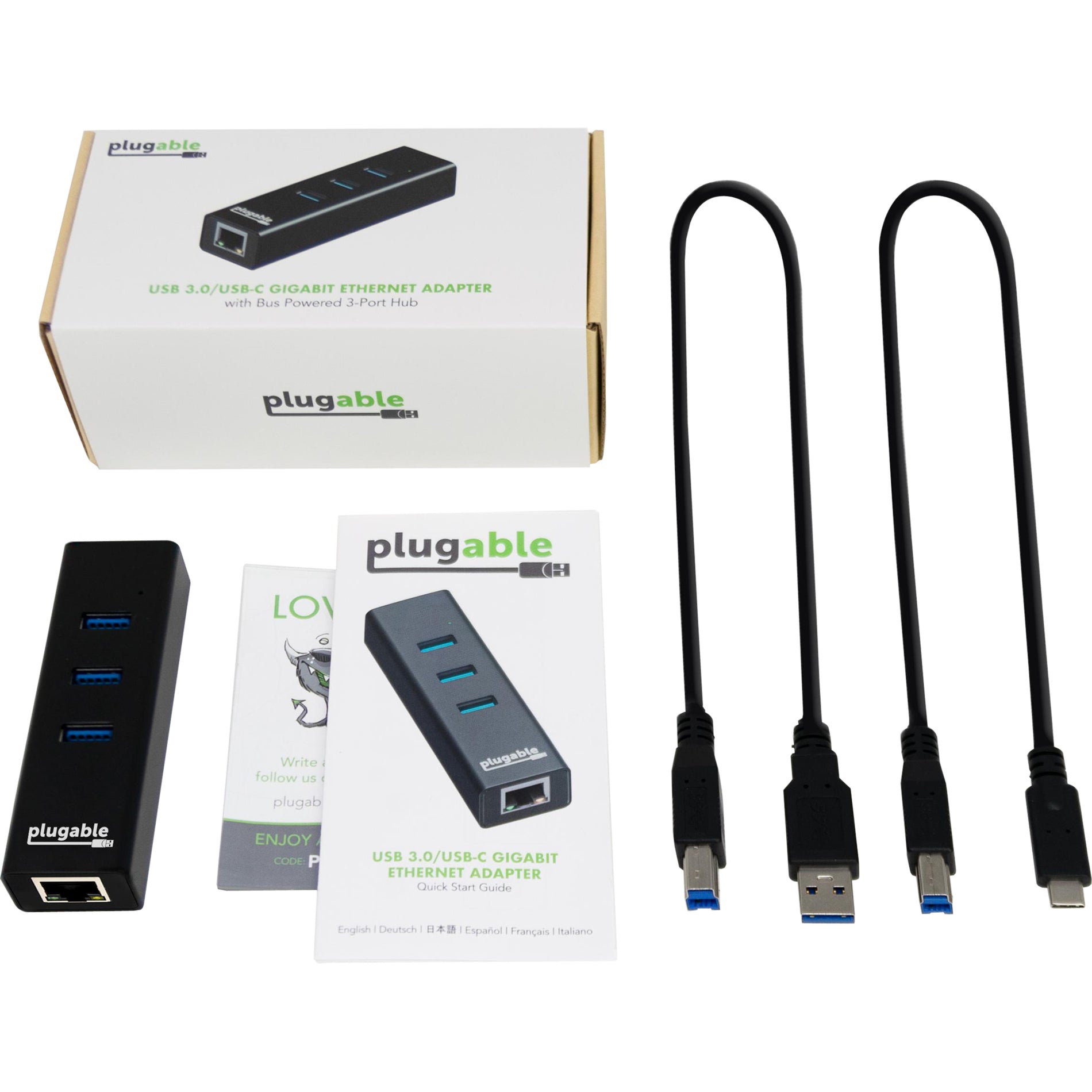 Plugable USB3-HUB3ME USB 3.0 GIGABIT ETHERNET ADAPTER, 3 Port USB Hub with Ethernet