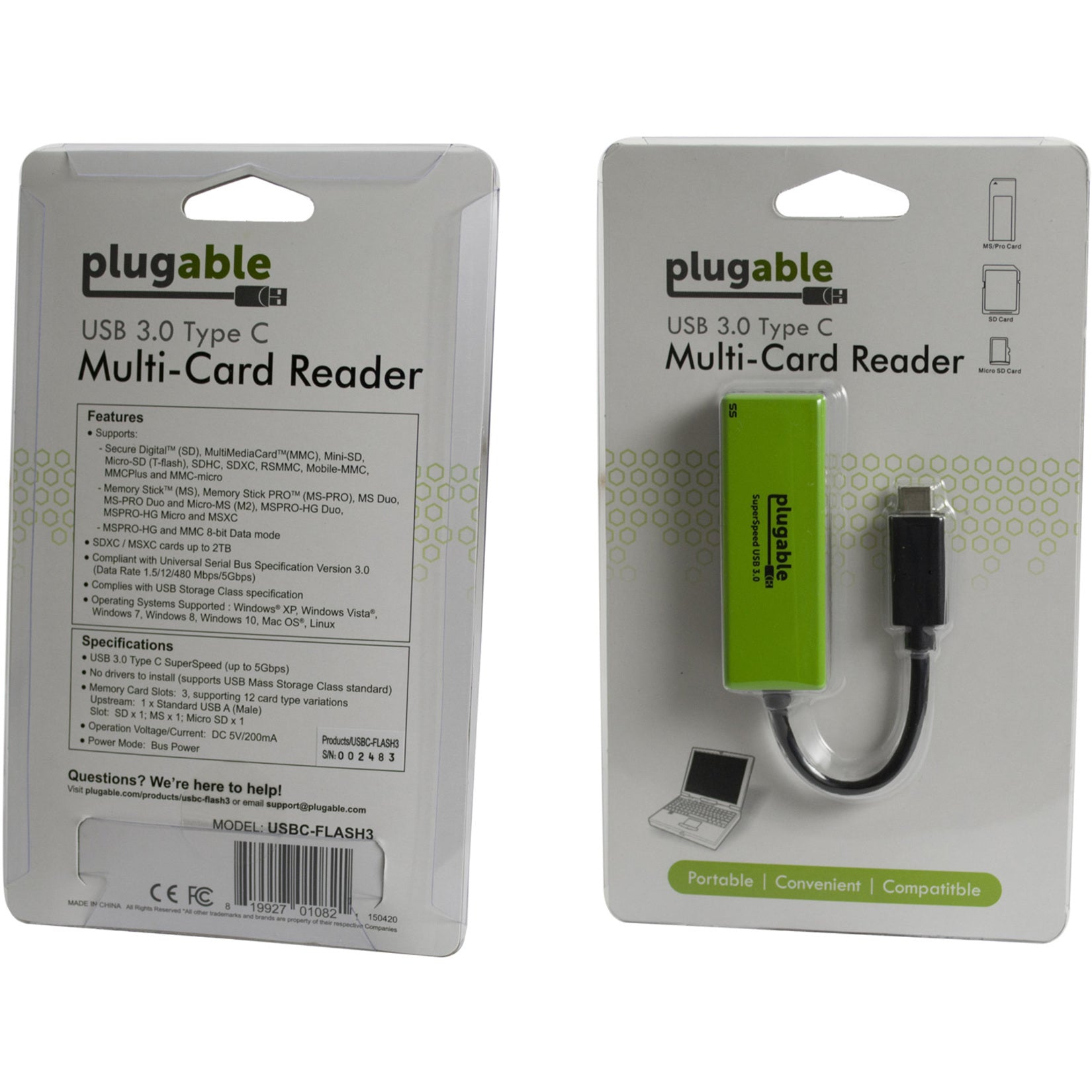 Plugable USBC-FLASH3 USB Type-C Flash Memory Card Reader, USB C Card Reader for SD, Micro SD, MMC, or MS Cards