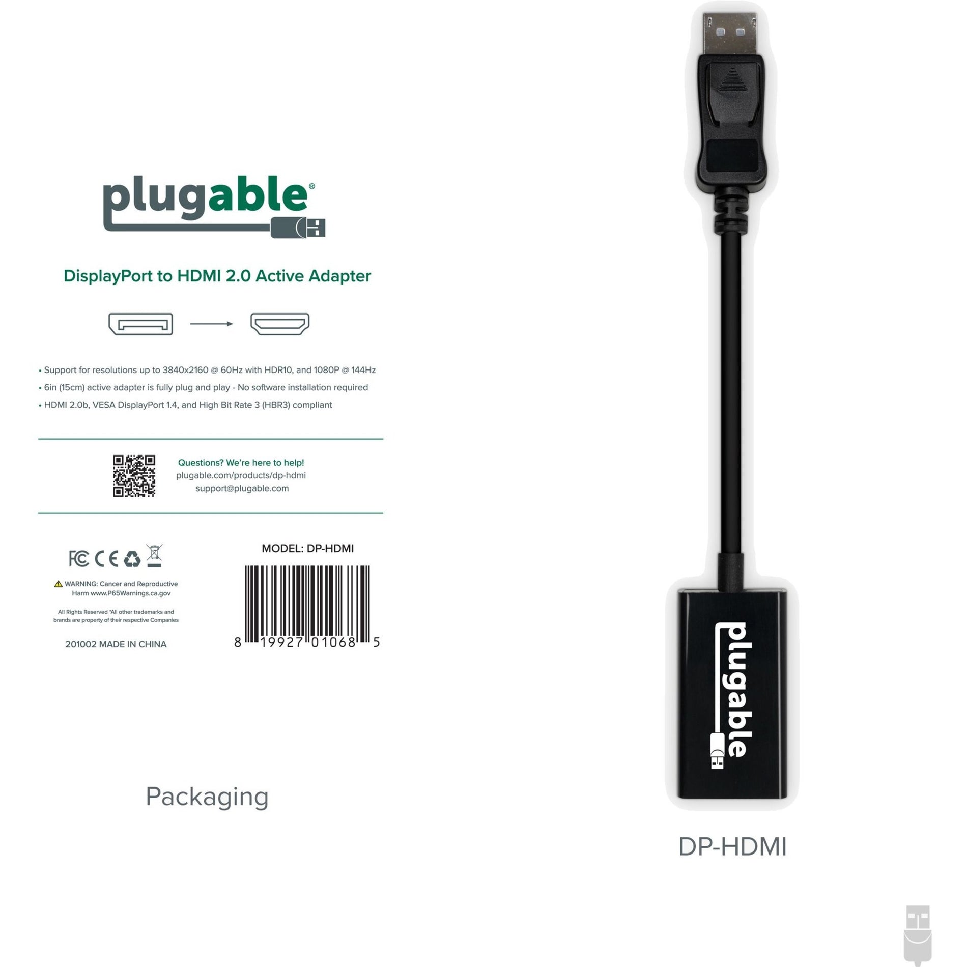 Plugable DP-HDMI DisplayPort TO Hdmi Active Adapter, Connect PC or Tablet to HDMI Monitor, TV or Projector for Ultra-HD Video Streaming