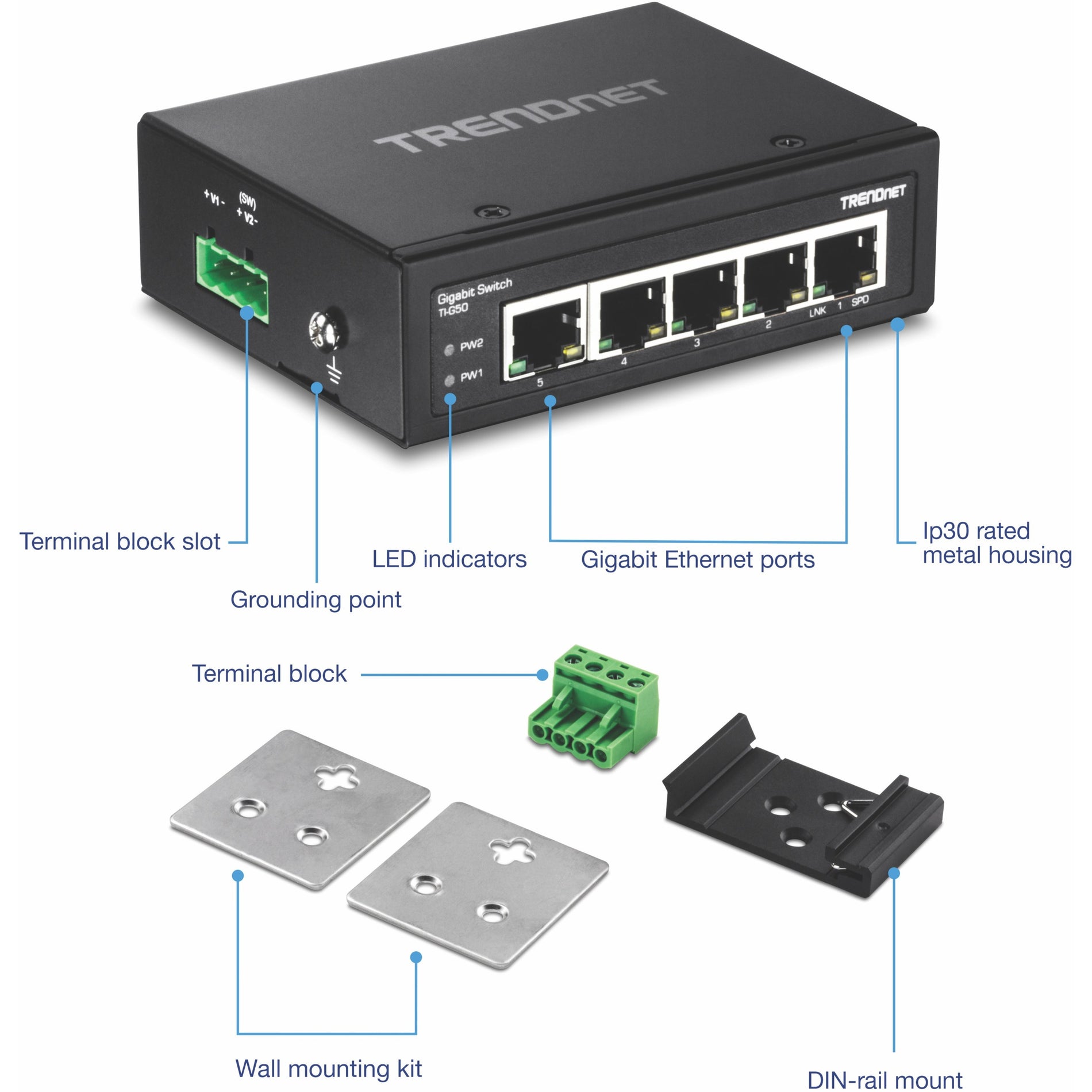 TRENDnet TI-G50 5-port hardened Industrial Gigabit Switch, 10 Gbps Switching Capacity, IP30 Rated Network Switch (-40 to 167 ?F), DIN-Rail & Wall Mounts Included, Lifetime Protection, Black