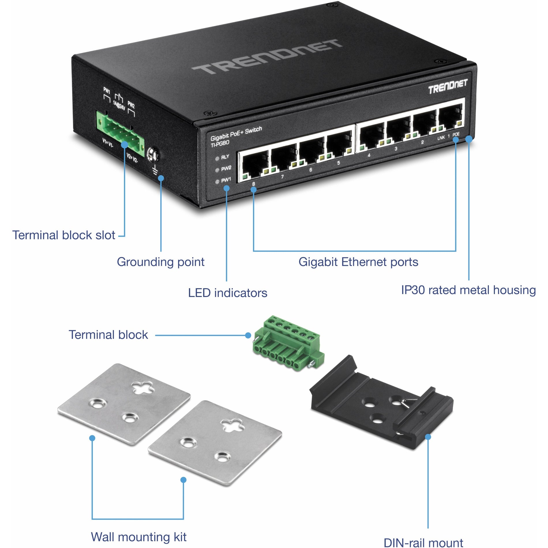 TRENDnet TI-PG80 8-port hardened Industrial Gigabit PoE+ Switch, 200W Full PoE+ Power Budget, 16 Gbps Switching Capacity, IP30 Rated Network Switch, Lifetime Protection