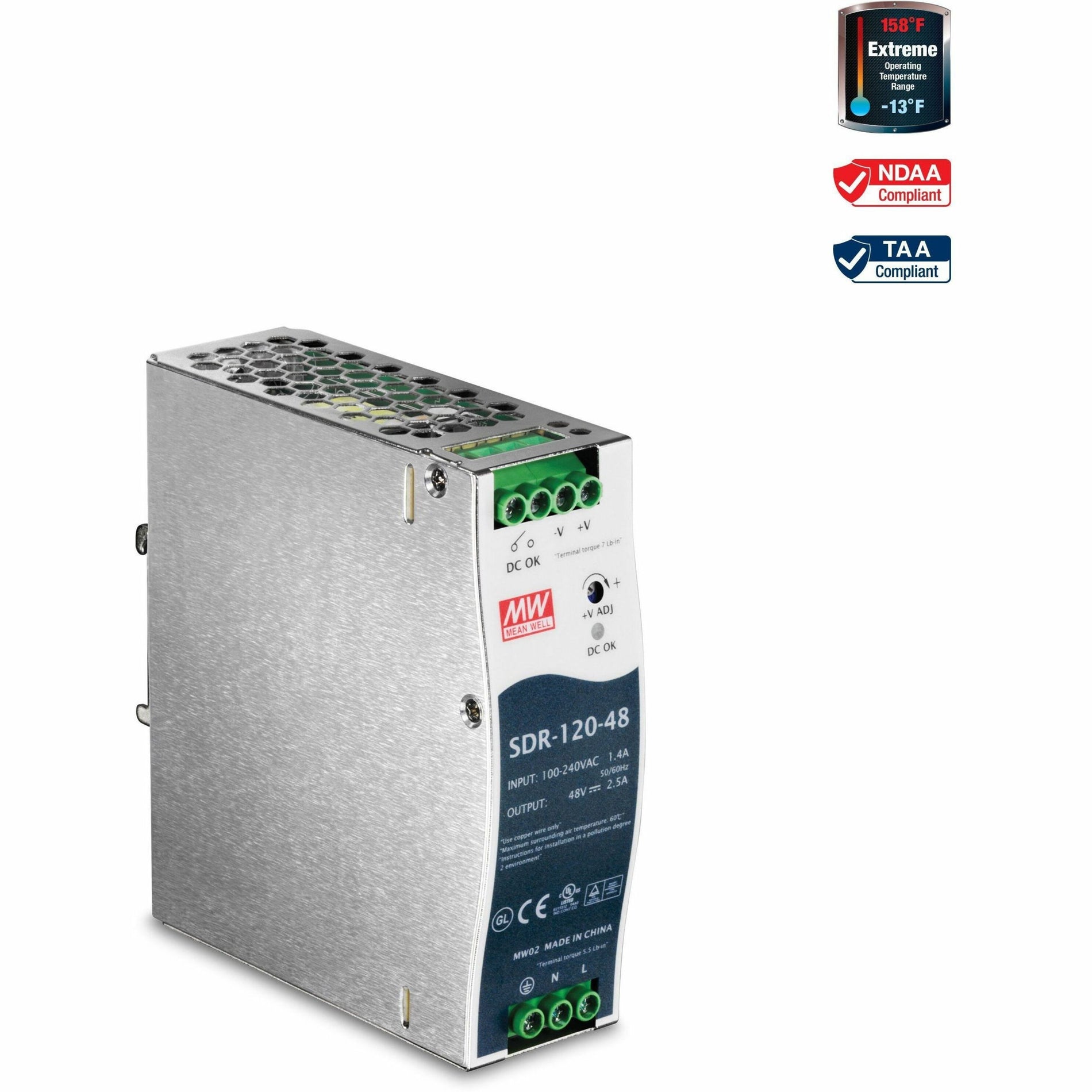 TRENDnet TI-S12048 DIN Rail 48V 120W Power Supply for TI-PG541, Extreme -25 to 70 °C Operating Temp, Overload Protection, Silver