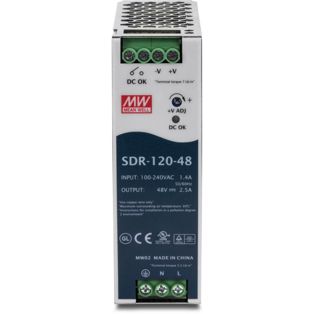 TRENDnet TI-S12048 DIN Rail 48V 120W Power Supply for TI-PG541, Extreme -25 to 70 °C Operating Temp, Overload Protection, Silver