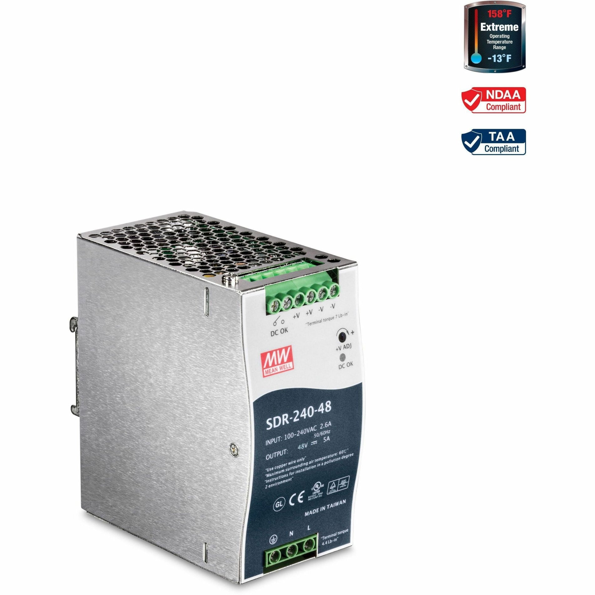 TRENDnet TI-S24048 DIN Rail 48V 240W Power Supply for TI-PG80, Extreme Operating Temp Range -25 to 70 °C, Built-in Active PFC, Passive Cooling, Silver