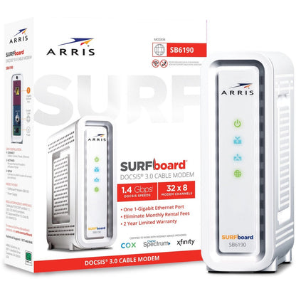 ARRIS SURFboard SB6190 cable modem product packaging and device showing 32x8 channel bonding capability and gigabit ethernet connectivity-alternate-image1