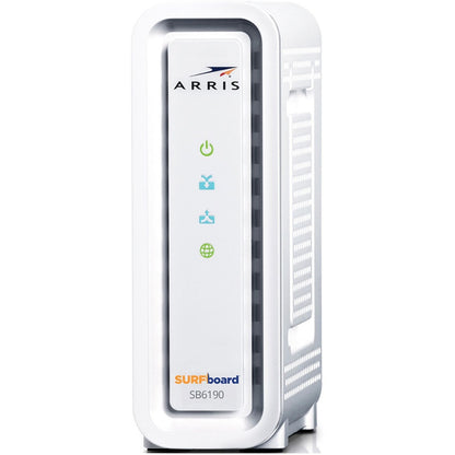 Front view of ARRIS SURFboard SB6190 modem showing LED status indicators and sleek white design-alternate-image2