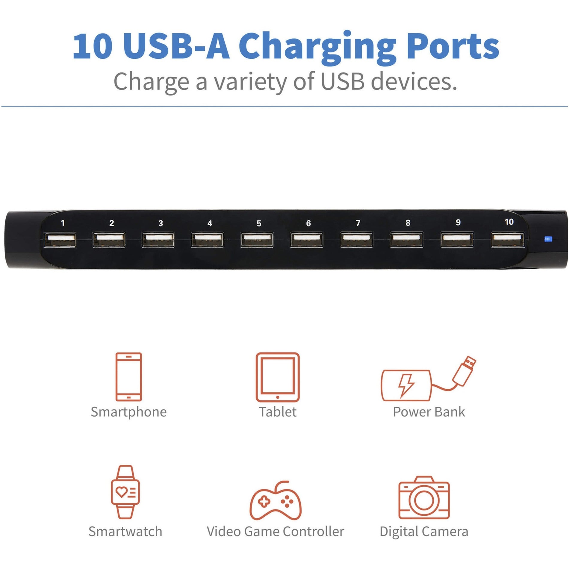 Tripp Lite U280-010-ST 10-Port USB Charger with Built-In Storage, Fast Charging for iPad, Smartphone, Tablet, Notebook