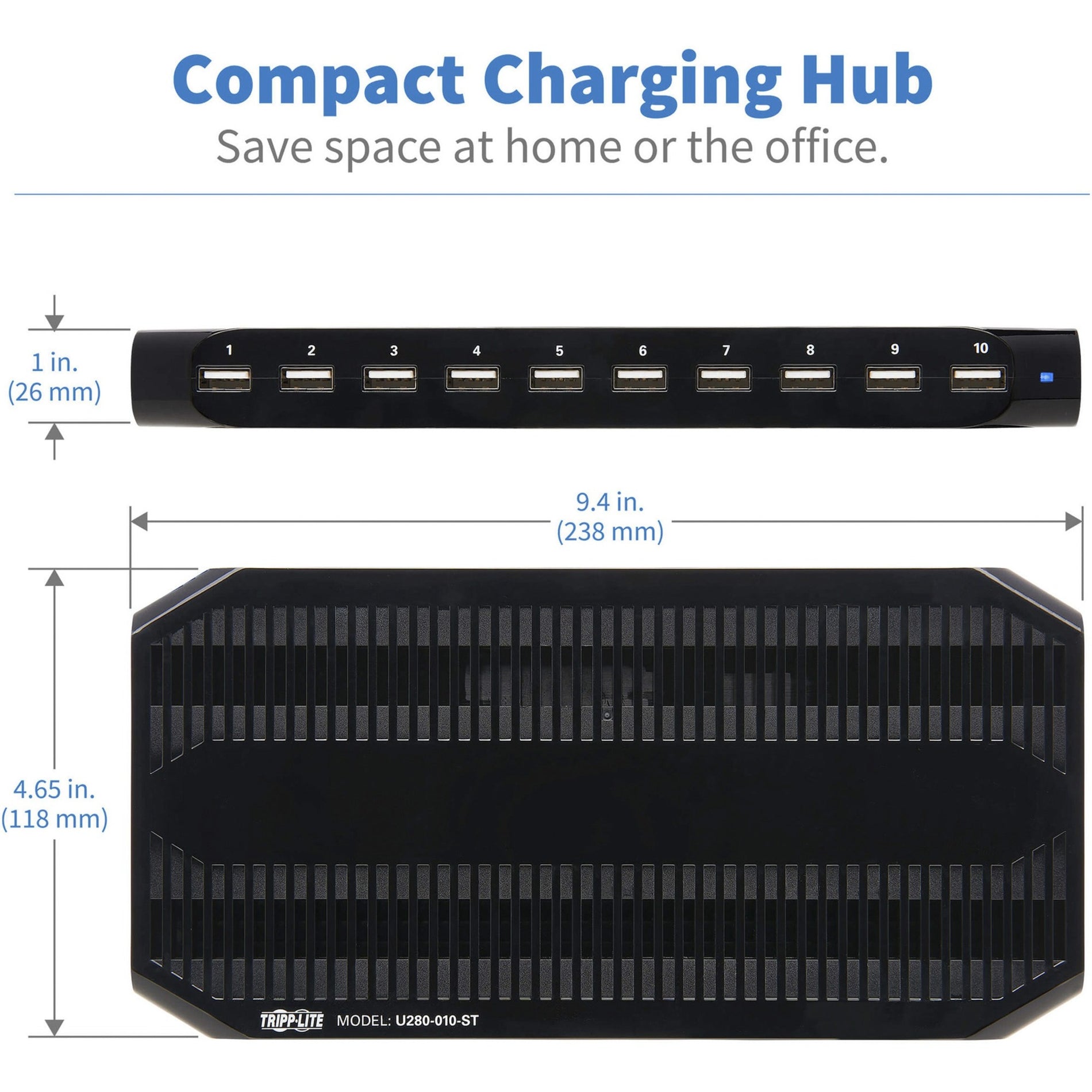 Tripp Lite U280-010-ST 10-Port USB Charger with Built-In Storage, Fast Charging for iPad, Smartphone, Tablet, Notebook
