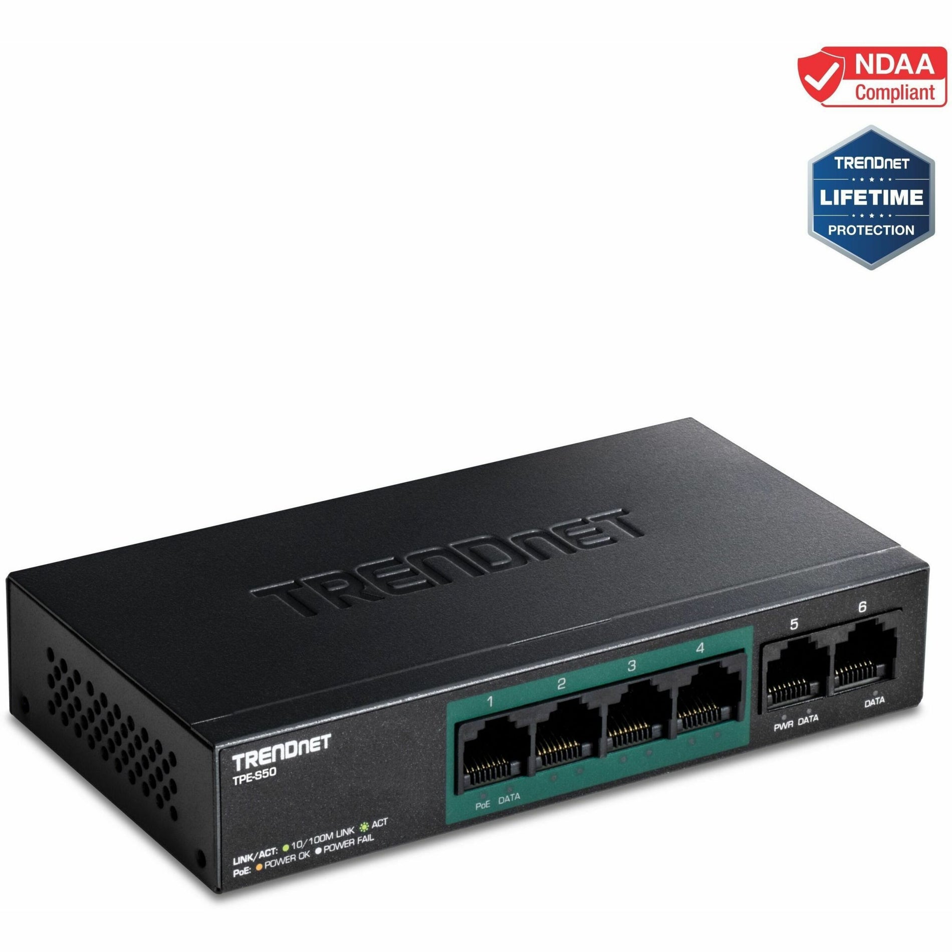 TRENDnet TPE-S50 6-Port Fast Ethernet PoE+ Switch, 60W PoE Budget, Metal, Lifetime Protection