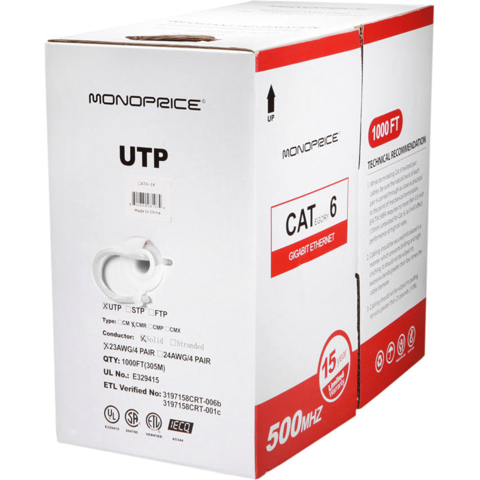 Monoprice 8108 Cat.6 UTP Network Cable, 1000 ft, White
