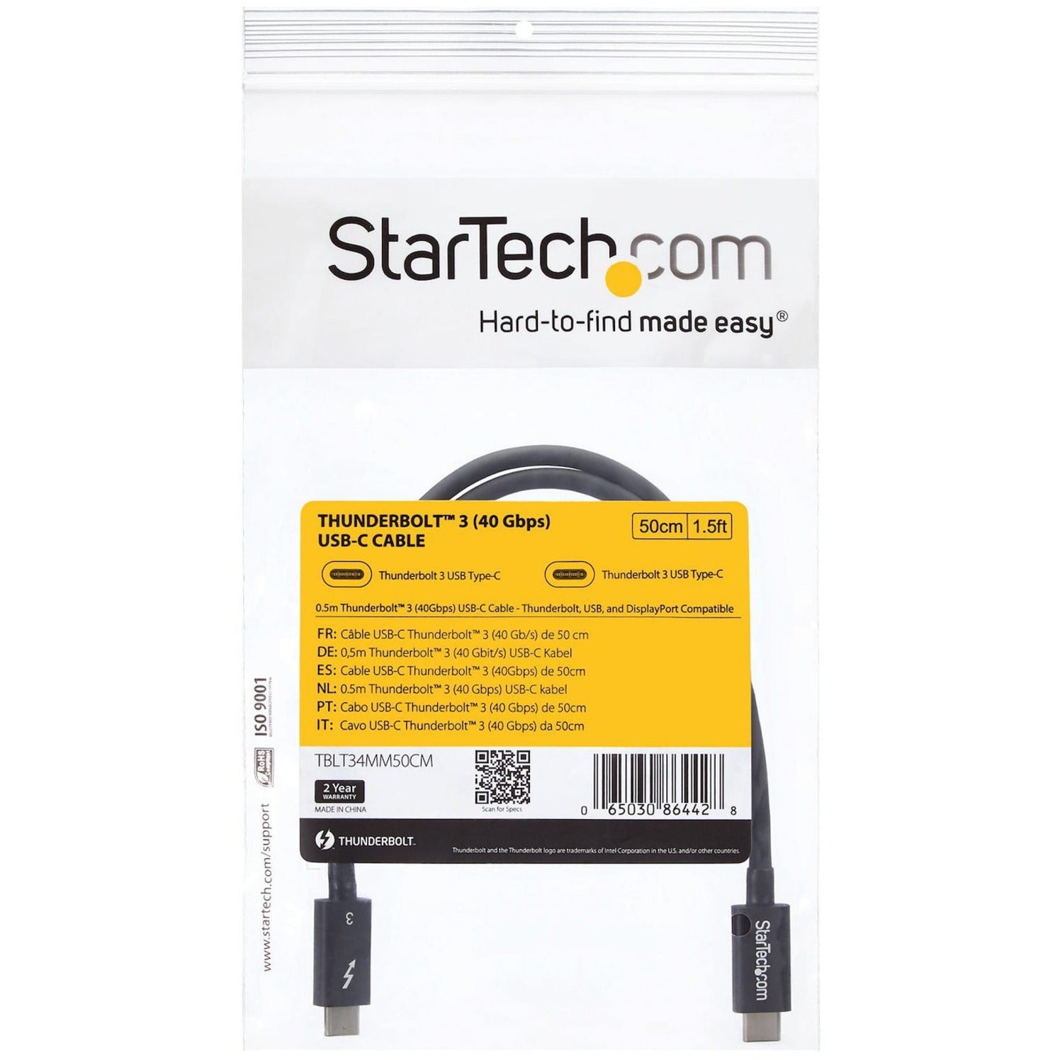 StarTech.com TBLT34MM50CM 0.5m Thunderbolt 3 (40Gbps) USB C Cable, Thunderbolt and USB Compatible