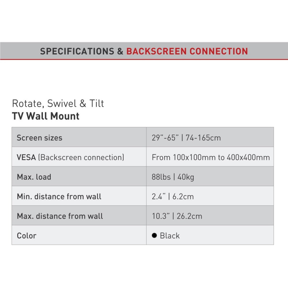 Barkan 3300.B Full-Motion Wall Mount for TV - Black, 29-65" screens, 88lbs weight capacity