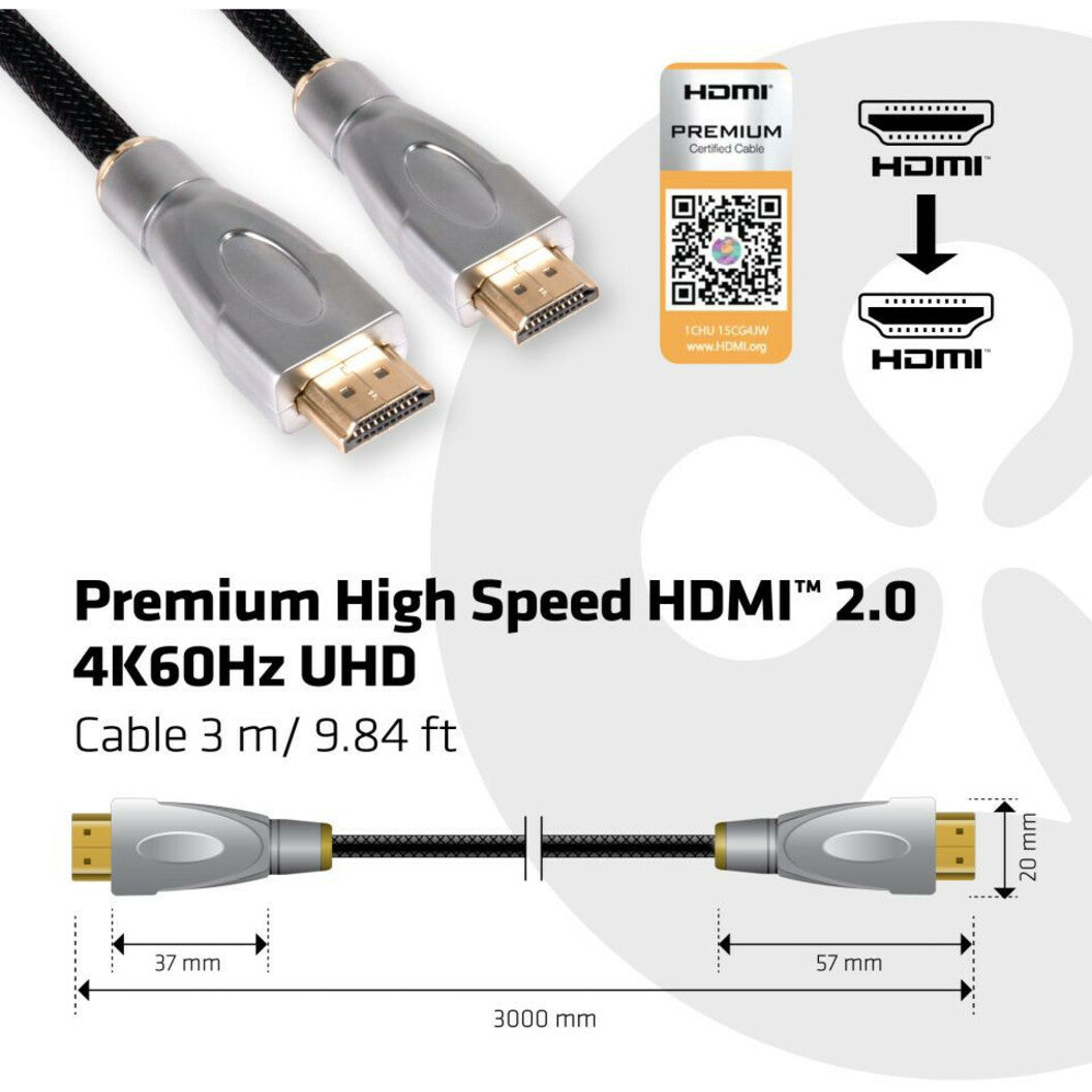 Club 3D CAC-1310 Premium High Speed HDMI 2.0 4K60Hz UHD Cable 3 meter, Flexible, Gold-Plated Connectors