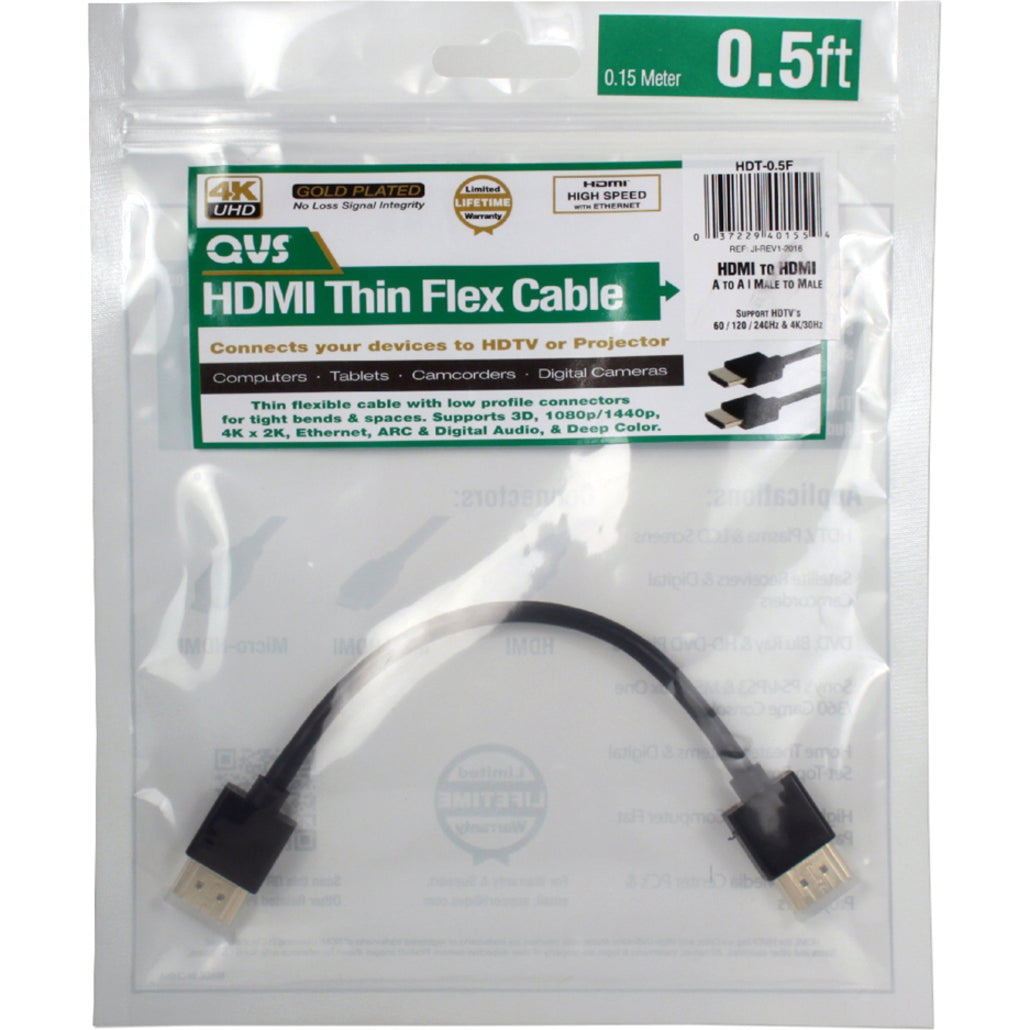 QVS HDT-10F 10ft High Speed HDMI UltraHD 4K with Ethernet Thin Flexible Cable, Corrosion Resistant, Gold Plated